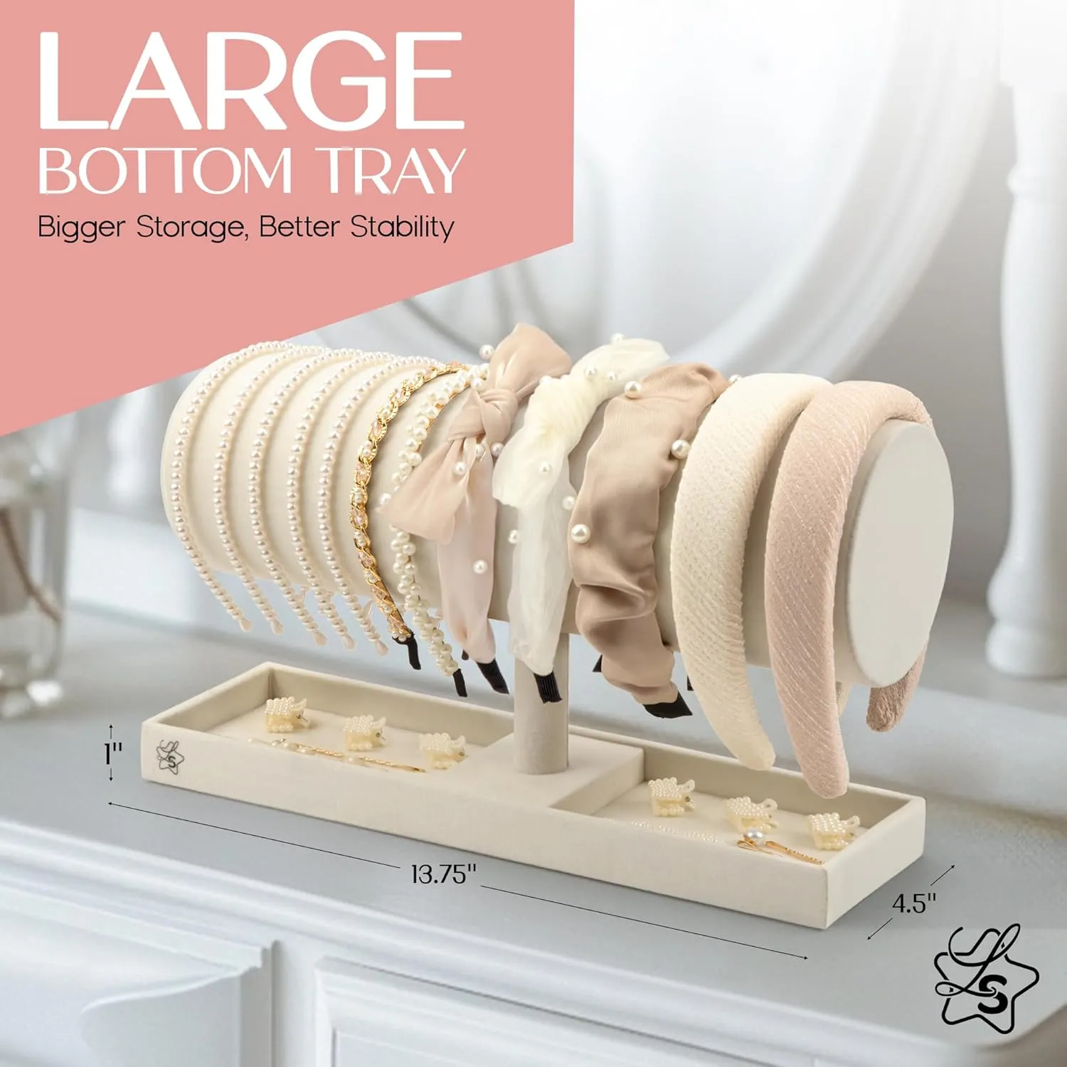 LS Lulu & Summer Headband Holder Organizer - Storage Stand Display Rack for Headbands, Hairband, Disney Ear, Tiara and Hair Accessories in Women and Girls Room (Cream/Off White)