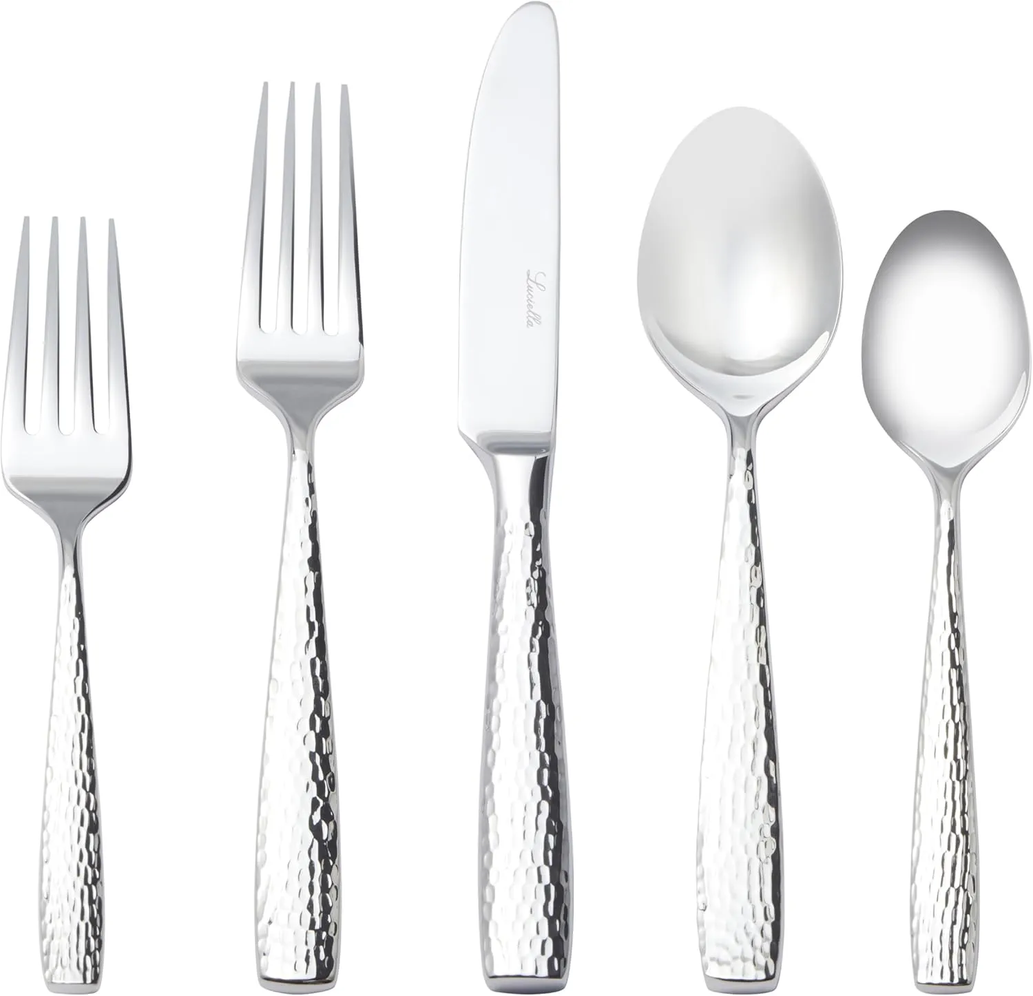 Luciella Ponza Flatware Set for 12, 65-Piece Stainless Steel Silverware Set with Serving Utensils, Timeless Hammered Design, Rust-Resistant, Mirror Polished & Dishwasher Safe