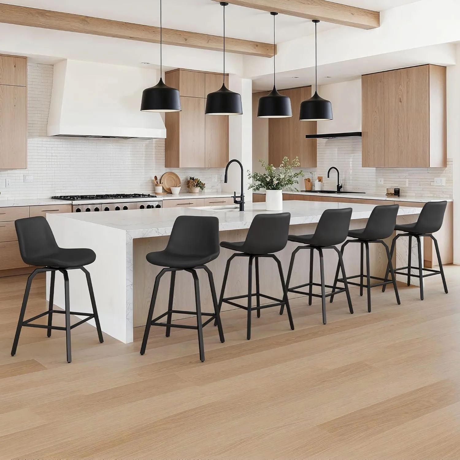 LUE BONA 360° Swivel Bar Stools Set of 2, 26 Inch Counter Height Bar Stools, Modern Faux Leather with Enlarged Seats, Metal Legs for Kitchen Island, Dining, Black