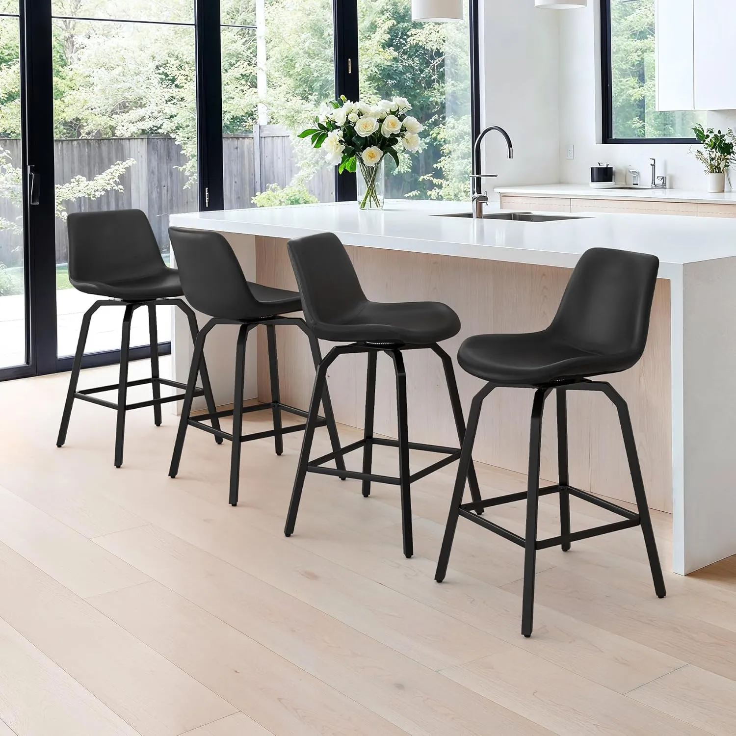 LUE BONA 360° Swivel Bar Stools Set of 2, 26 Inch Counter Height Bar Stools, Modern Faux Leather with Enlarged Seats, Metal Legs for Kitchen Island, Dining, Black