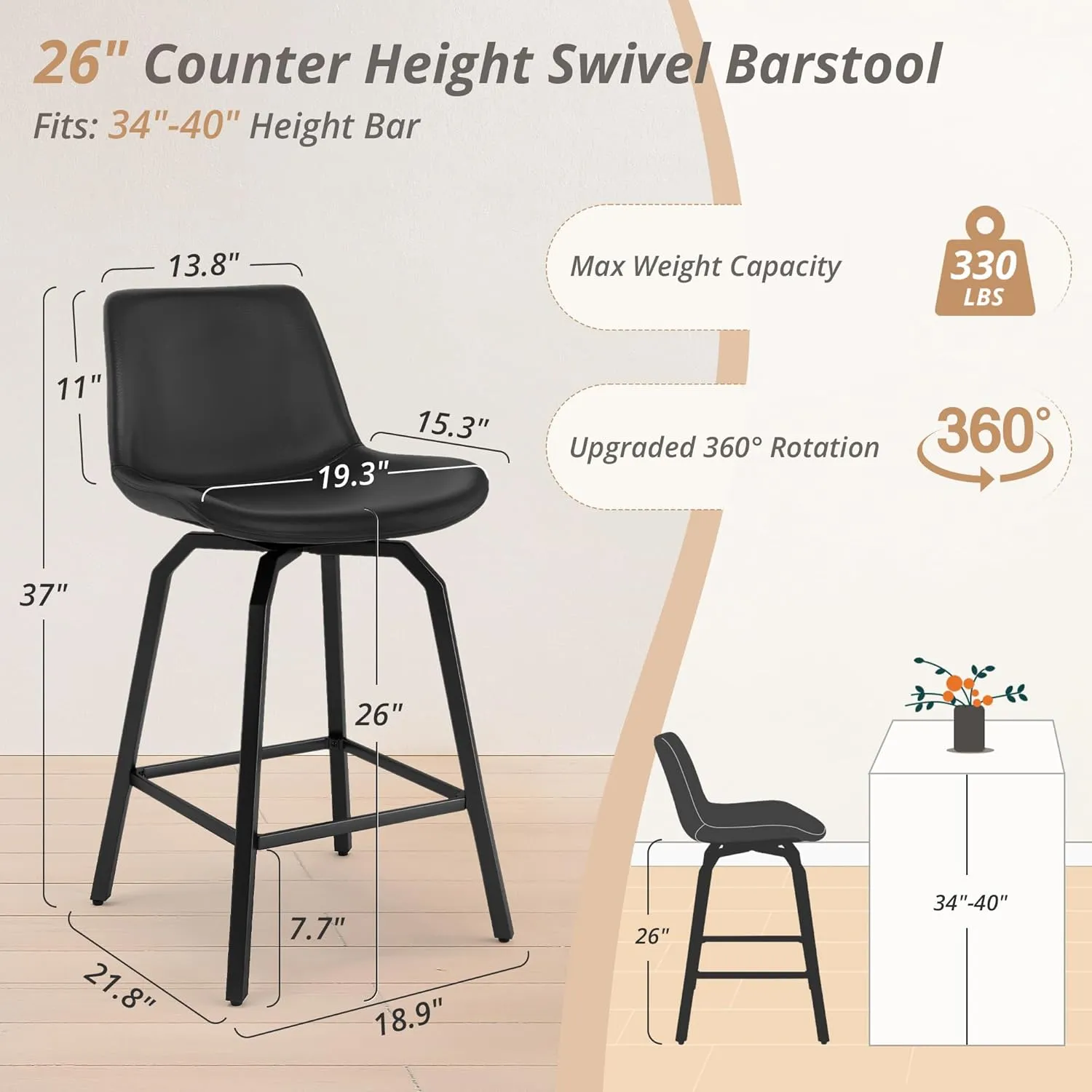LUE BONA 360° Swivel Bar Stools Set of 2, 26 Inch Counter Height Bar Stools, Modern Faux Leather with Enlarged Seats, Metal Legs for Kitchen Island, Dining, Black