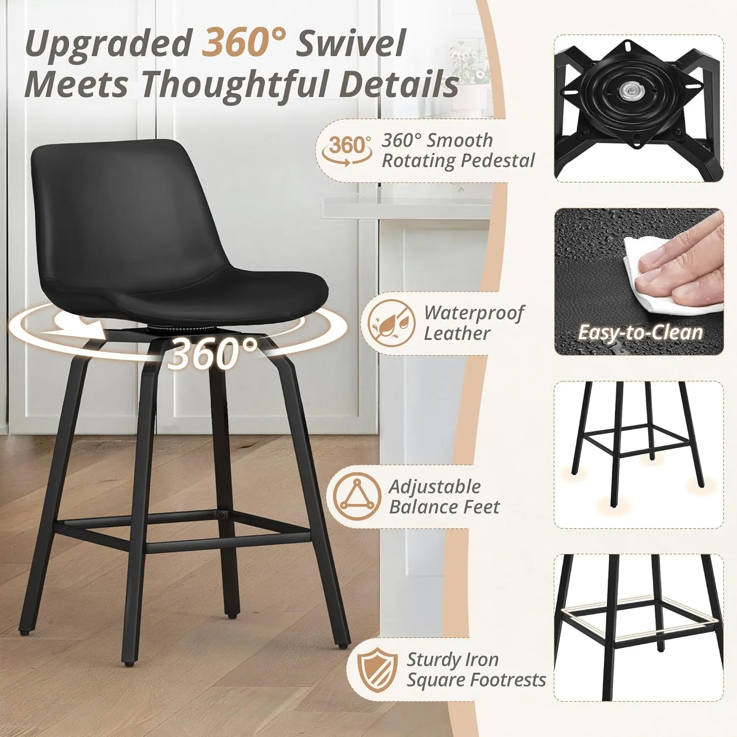 LUE BONA 360° Swivel Bar Stools Set of 2, 26 Inch Counter Height Bar Stools, Modern Faux Leather with Enlarged Seats, Metal Legs for Kitchen Island, Dining, Black