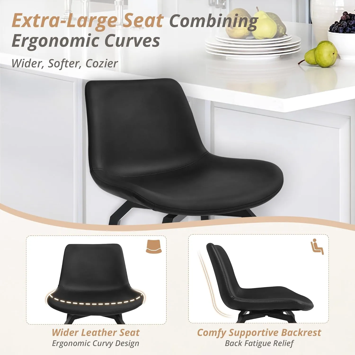 LUE BONA 360° Swivel Bar Stools Set of 2, 26 Inch Counter Height Bar Stools, Modern Faux Leather with Enlarged Seats, Metal Legs for Kitchen Island, Dining, Black