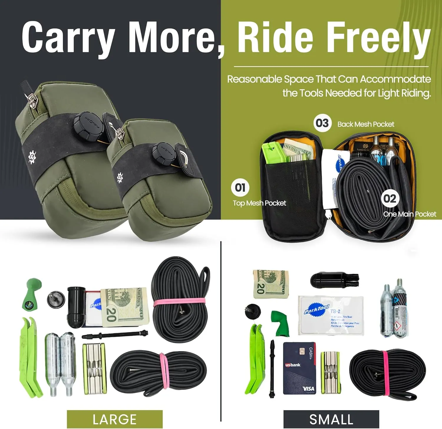 Lumiere & Co. Bike Seat Bag, Road Bike Bag, Small Bike Seat bags, Cycling Seat bag, Bike Under Seat Bag, Seat Bicycle bag, Bike Bag Under seat, Cycling Saddle Bag (Green, Small)