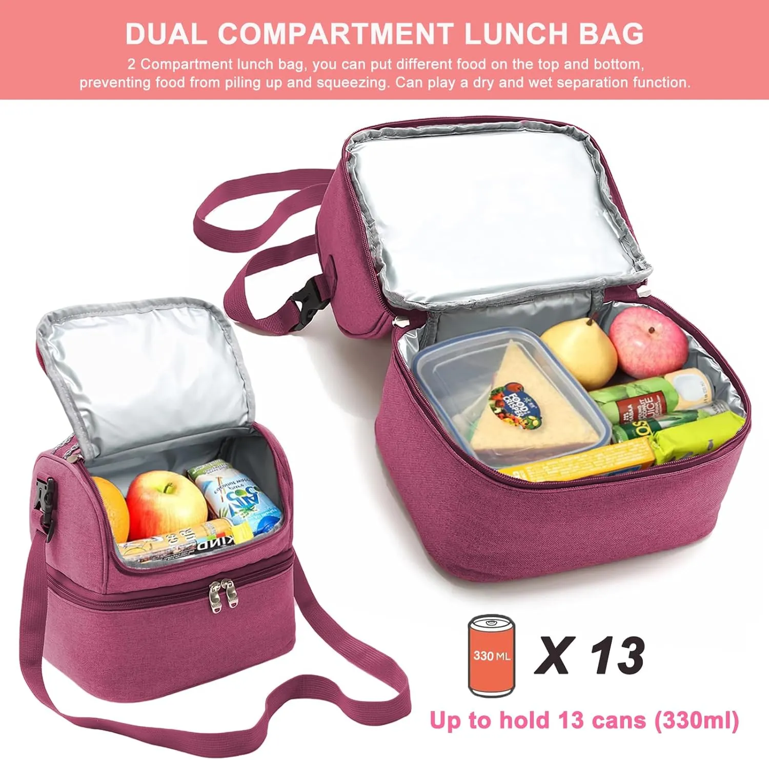 Lunch Bag for Women Double Decker Leakproof Lunch Box for Men Adult Small Cooler Insulated Lunchbox Thermal Tote Work Travel Picnic Food Drink Cool Bag (Taro-purple)