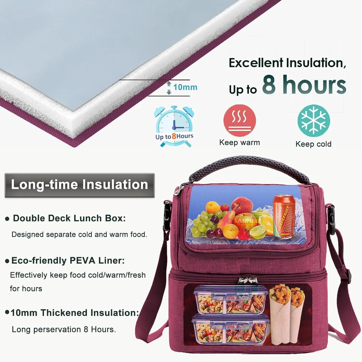 Lunch Bag for Women Double Decker Leakproof Lunch Box for Men Adult Small Cooler Insulated Lunchbox Thermal Tote Work Travel Picnic Food Drink Cool Bag (Taro-purple)