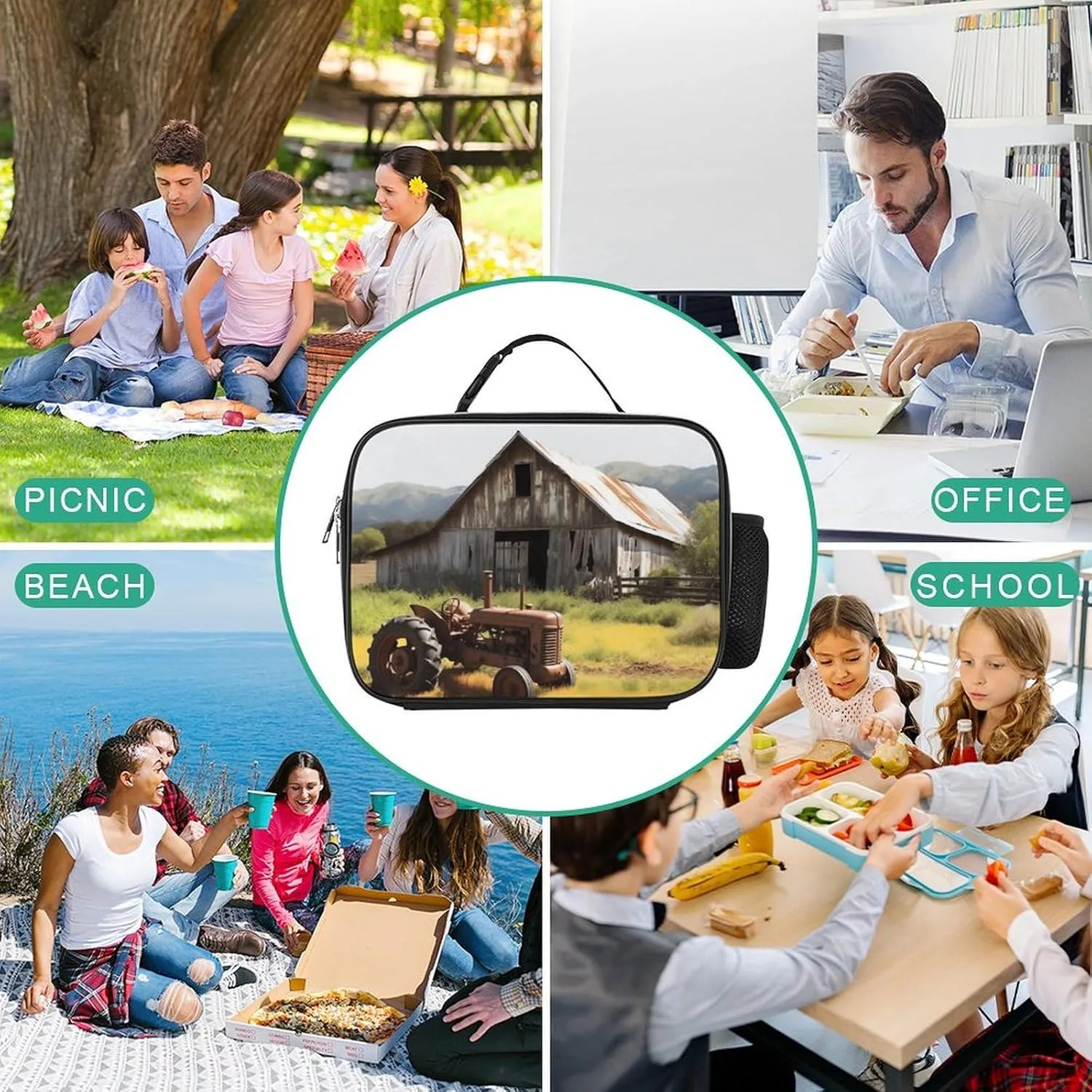 Lunch Bag for Women Men Lunch Box Reusable Old Wooden Barn Tractor Lunch Tote Bag Leakproof Lunch Cooler Bag for Work