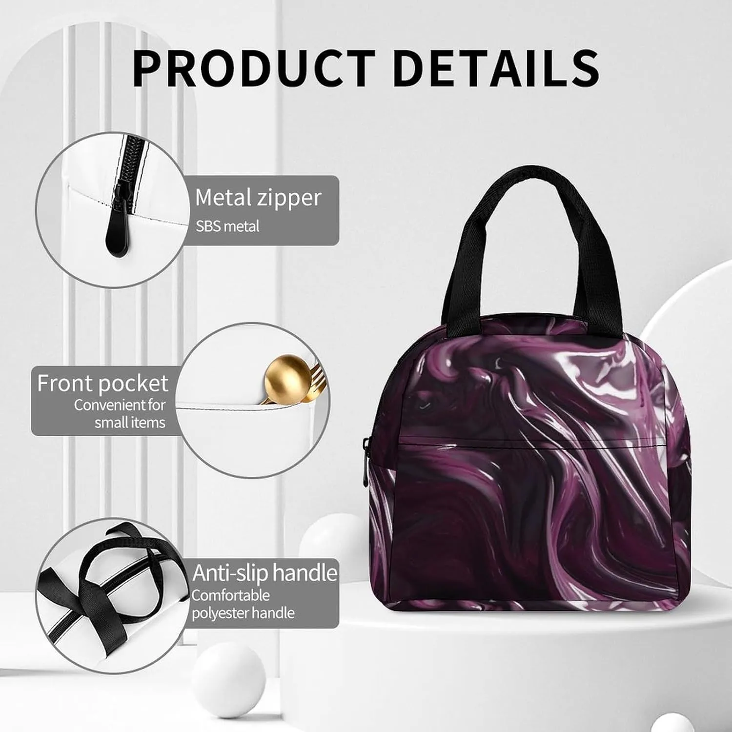 Lunch Bag for Women Men Portable Insulated Lunch Box Flowing Purple Pigment LunchBox Reusable Tote Bags for Work Picnic