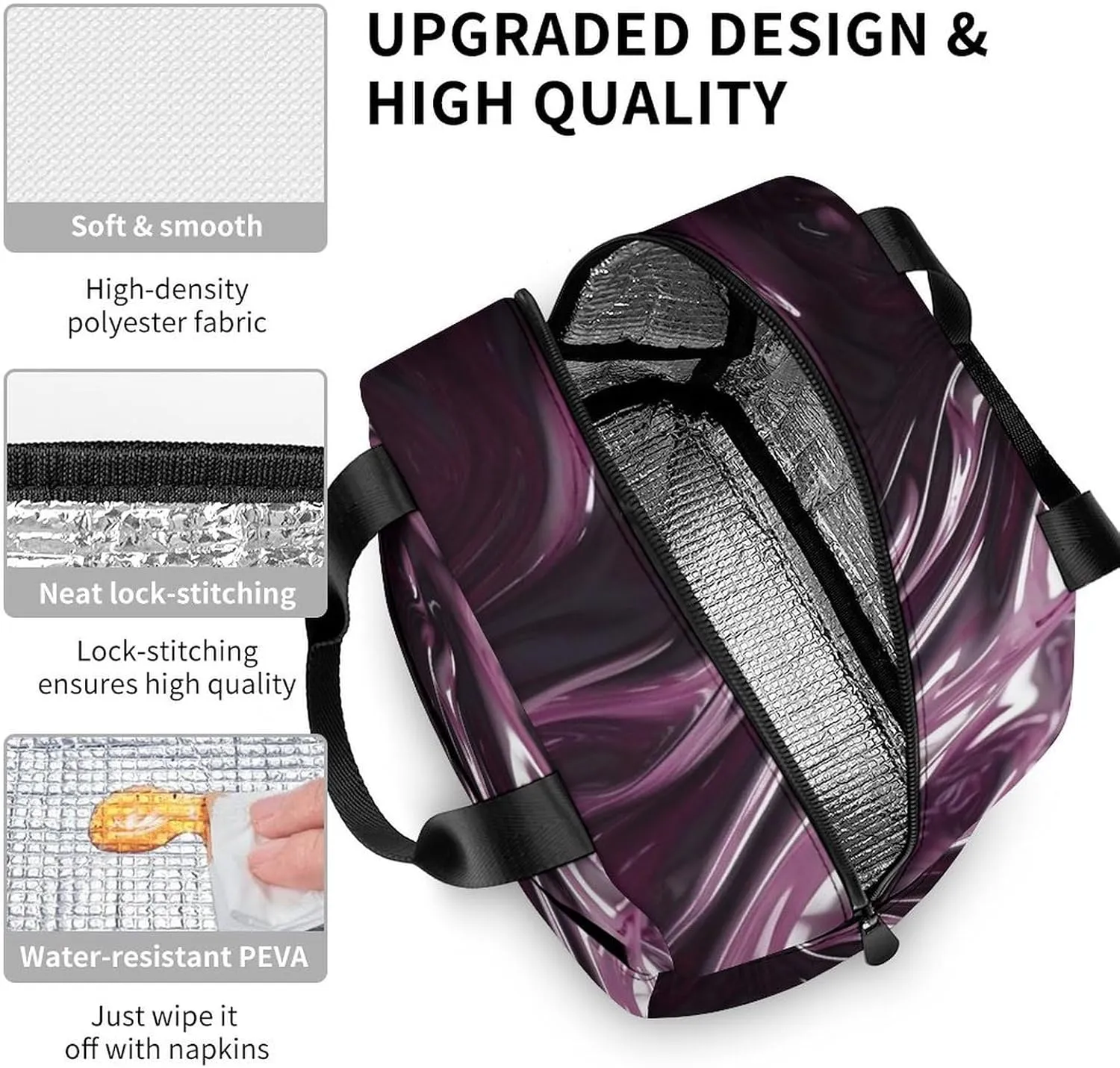 Lunch Bag for Women Men Portable Insulated Lunch Box Flowing Purple Pigment LunchBox Reusable Tote Bags for Work Picnic