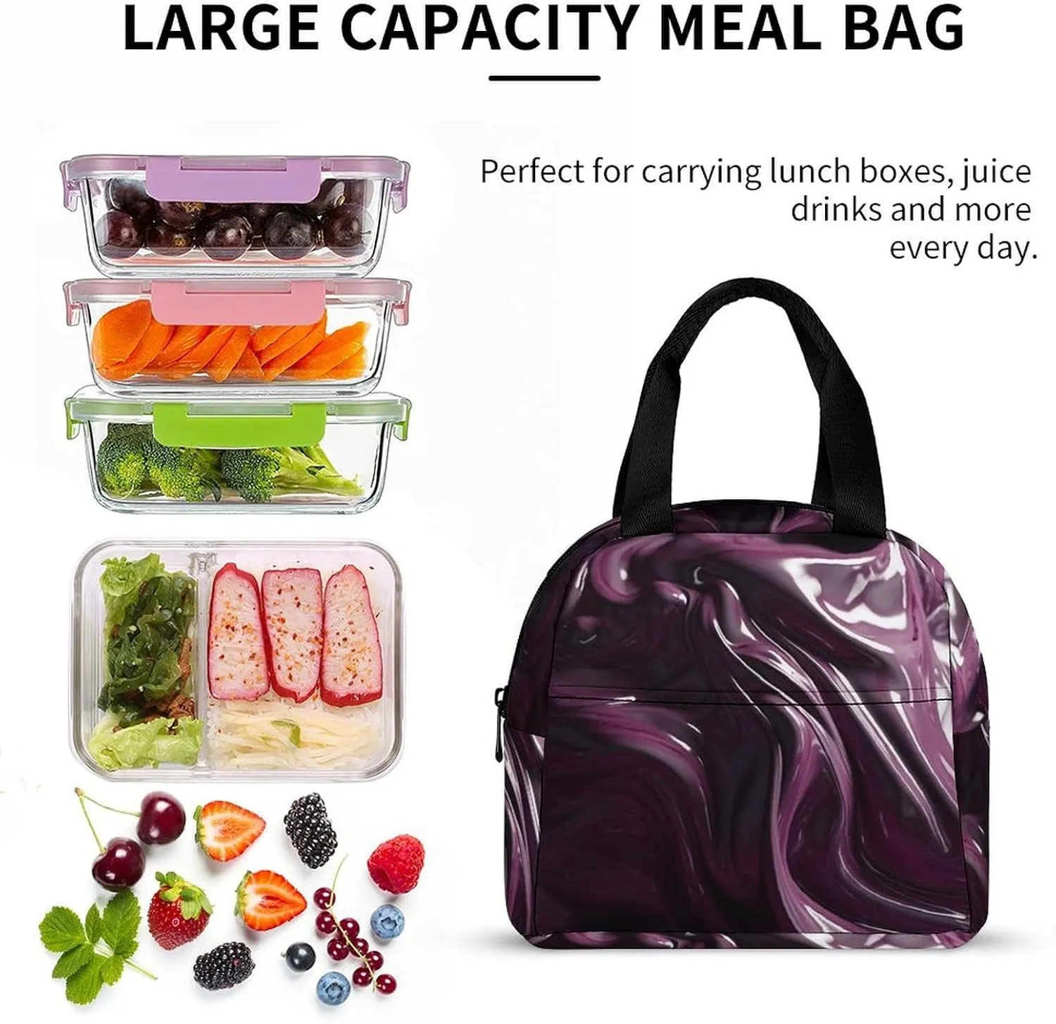 Lunch Bag for Women Men Portable Insulated Lunch Box Flowing Purple Pigment LunchBox Reusable Tote Bags for Work Picnic