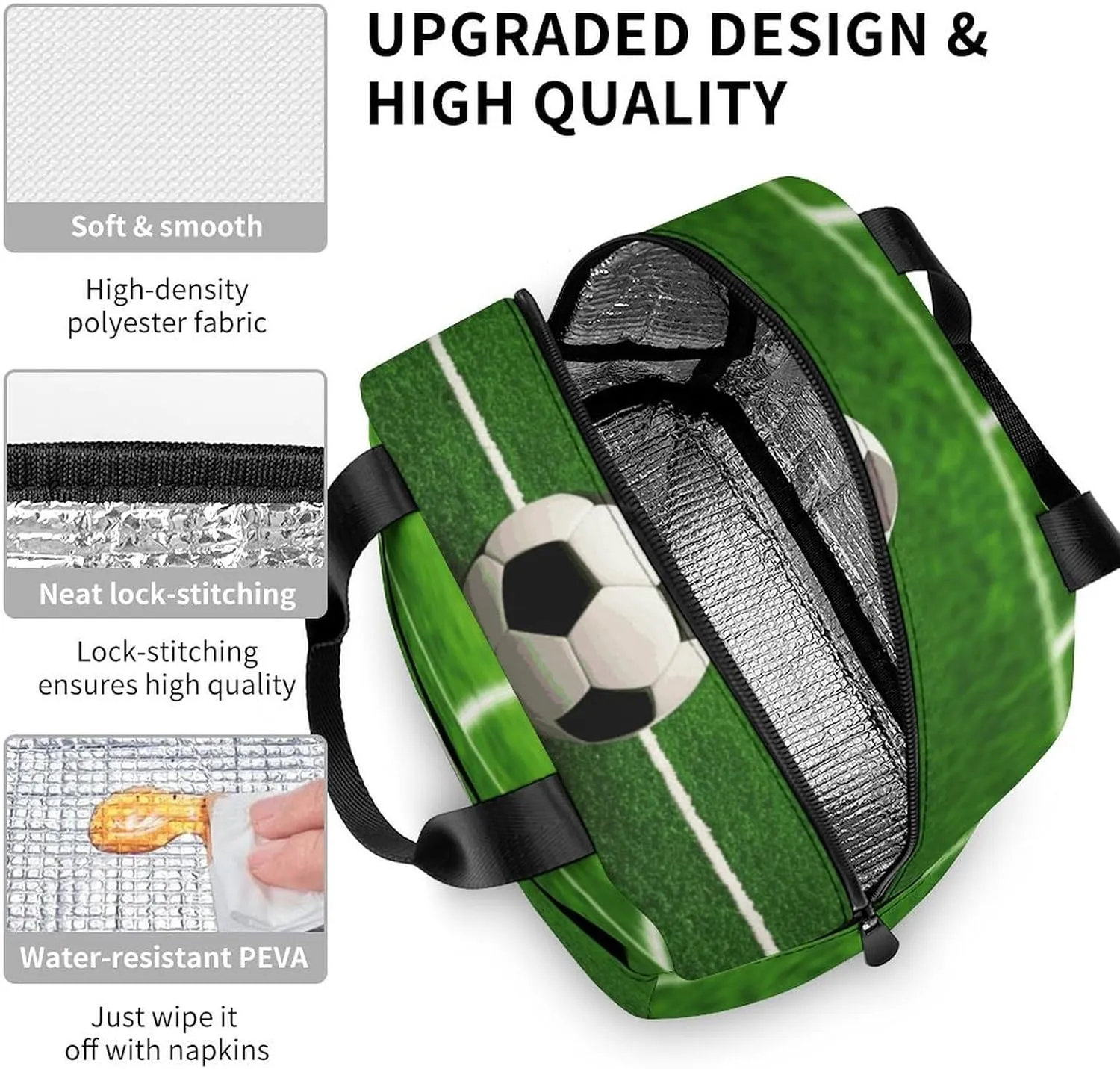 Lunch Bag for Women Men Portable Insulated Lunch Box Green Grass Field Soccer LunchBox Reusable Tote Bags for Work Picnic