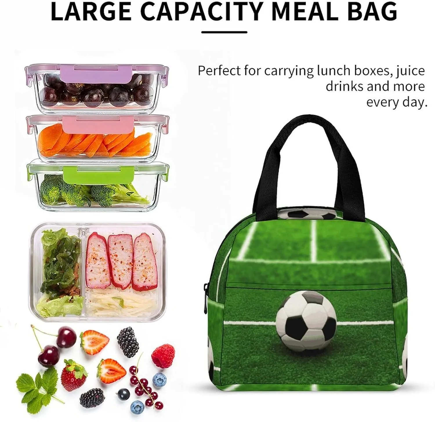 Lunch Bag for Women Men Portable Insulated Lunch Box Green Grass Field Soccer LunchBox Reusable Tote Bags for Work Picnic