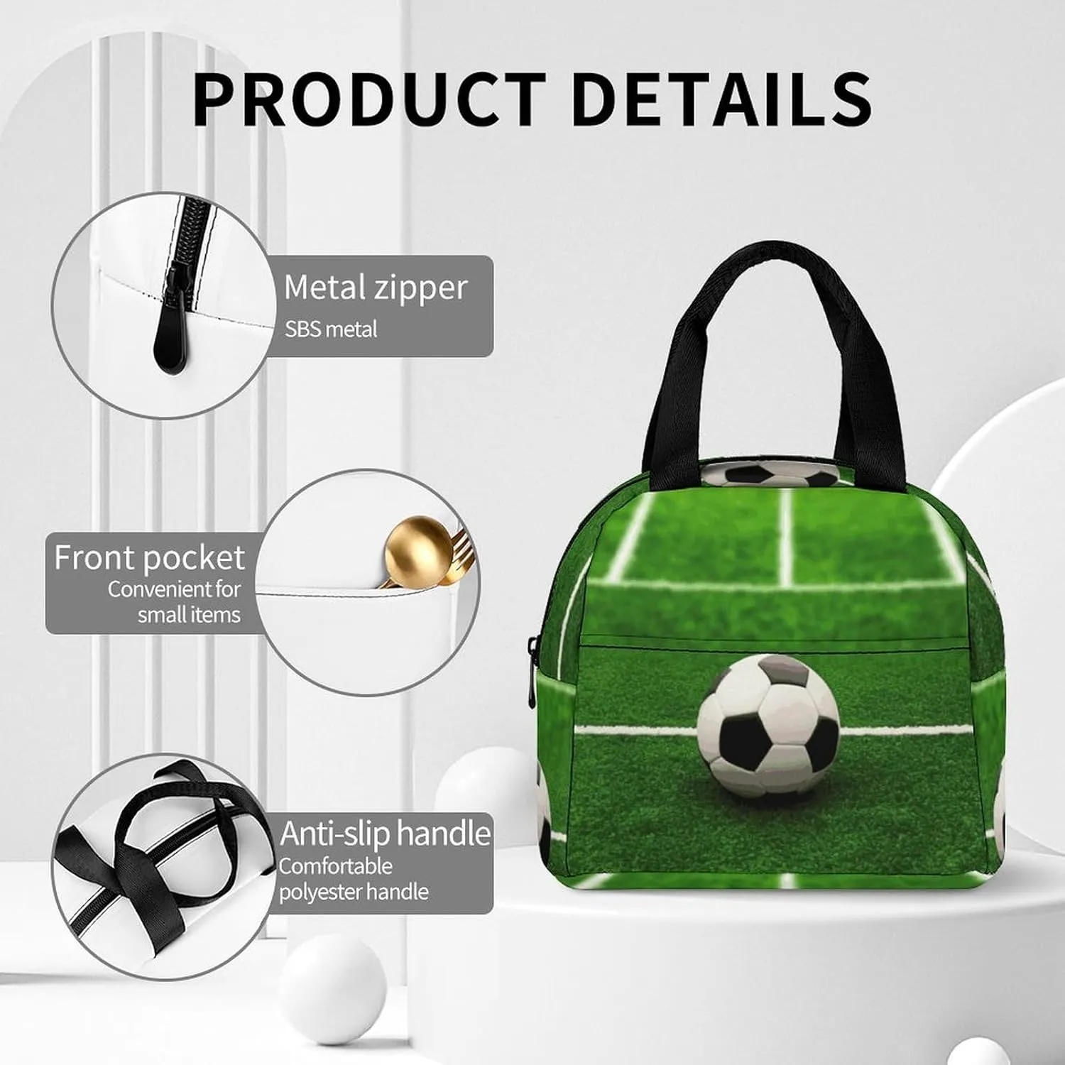 Lunch Bag for Women Men Portable Insulated Lunch Box Green Grass Field Soccer LunchBox Reusable Tote Bags for Work Picnic