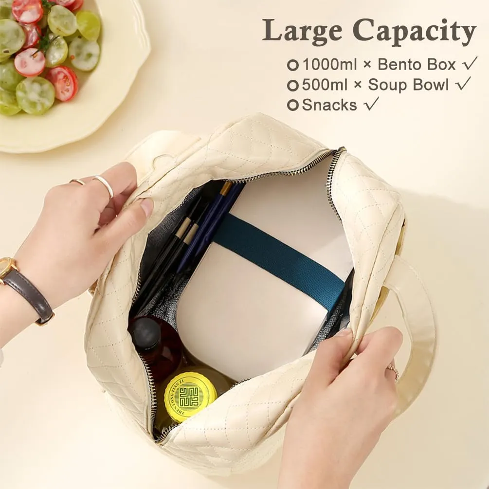 Lunch Bag for Women, Small Lunch Box for Women, Insulated Lunch Bag with Front Pocket for Adults (Cream)