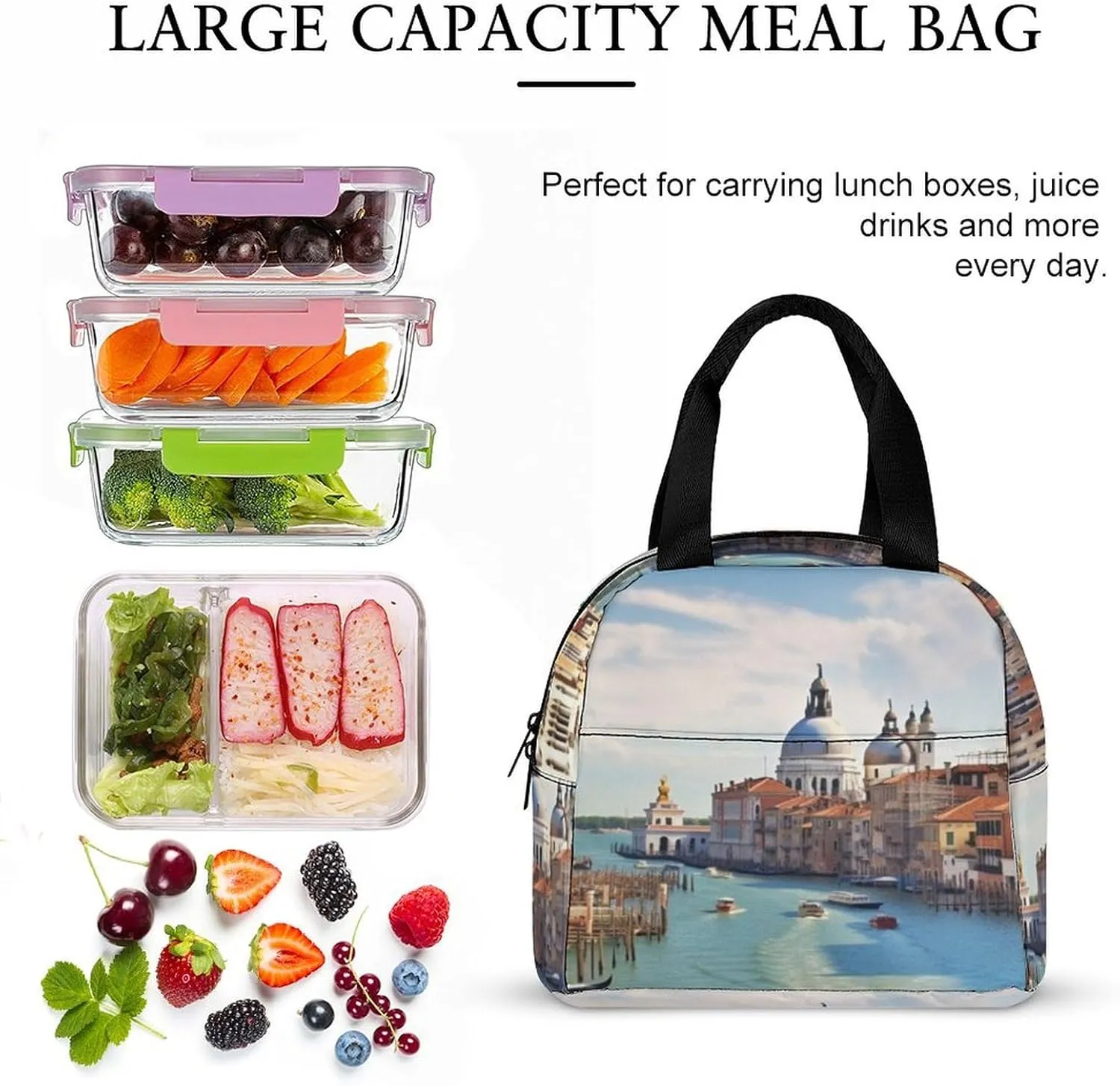 Lunch Bag Insulated Lunch Box for Women Men Reusable Lunch Tote Bag with Front Pocket Grand Canal in Italy Leakproof Cooler Bag Lunchbox for Office Work Travel Picnic