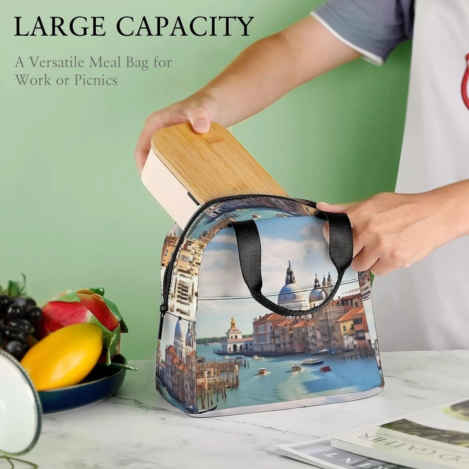 Lunch Bag Insulated Lunch Box for Women Men Reusable Lunch Tote Bag with Front Pocket Grand Canal in Italy Leakproof Cooler Bag Lunchbox for Office Work Travel Picnic