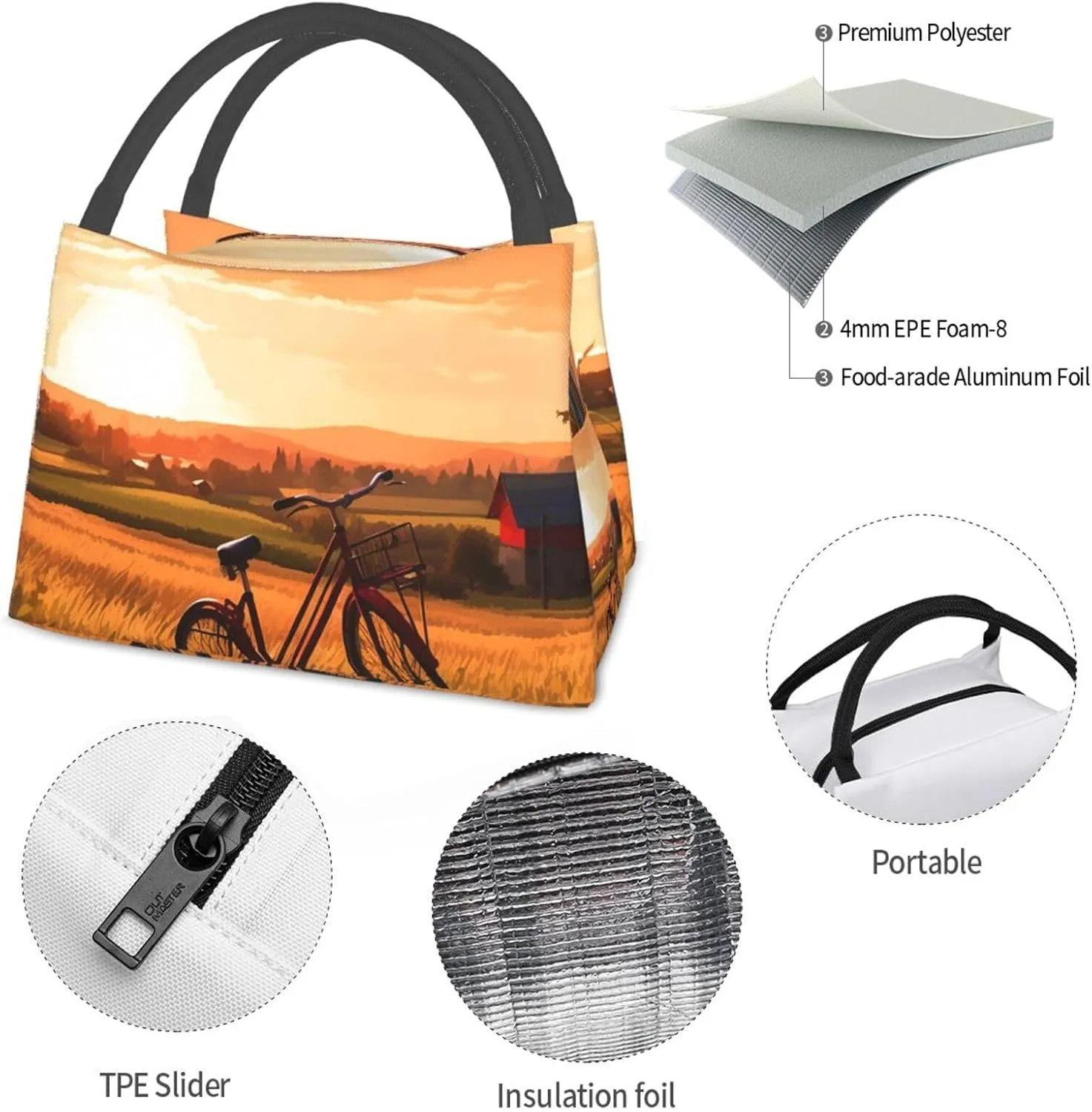 Lunch Bag Insulated Lunch Box for Women Men Reusable Sunset Rural View Lunch Tote Cooler Bag for Office Work