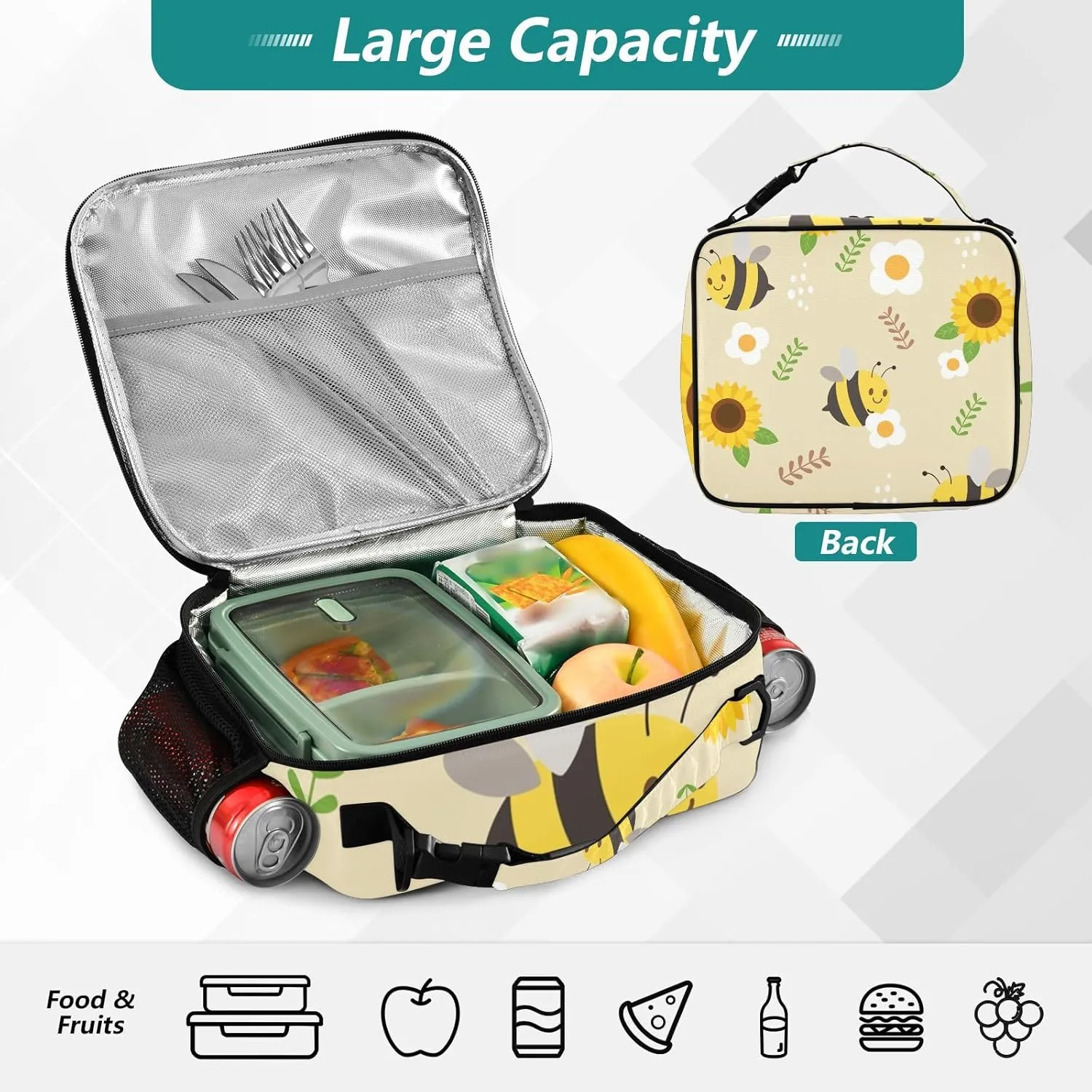 Lunch Bag Lunch Box for Women Men Insulated Cooler Bag Reusable Lunch Box Tote Bag with Strap for Work Picnic Bee Flower Yellow