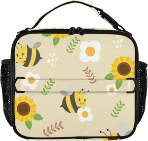 Lunch Bag Lunch Box for Women Men Insulated Cooler Bag Reusable Lunch Box Tote Bag with Strap for Work Picnic Bee Flower Yellow