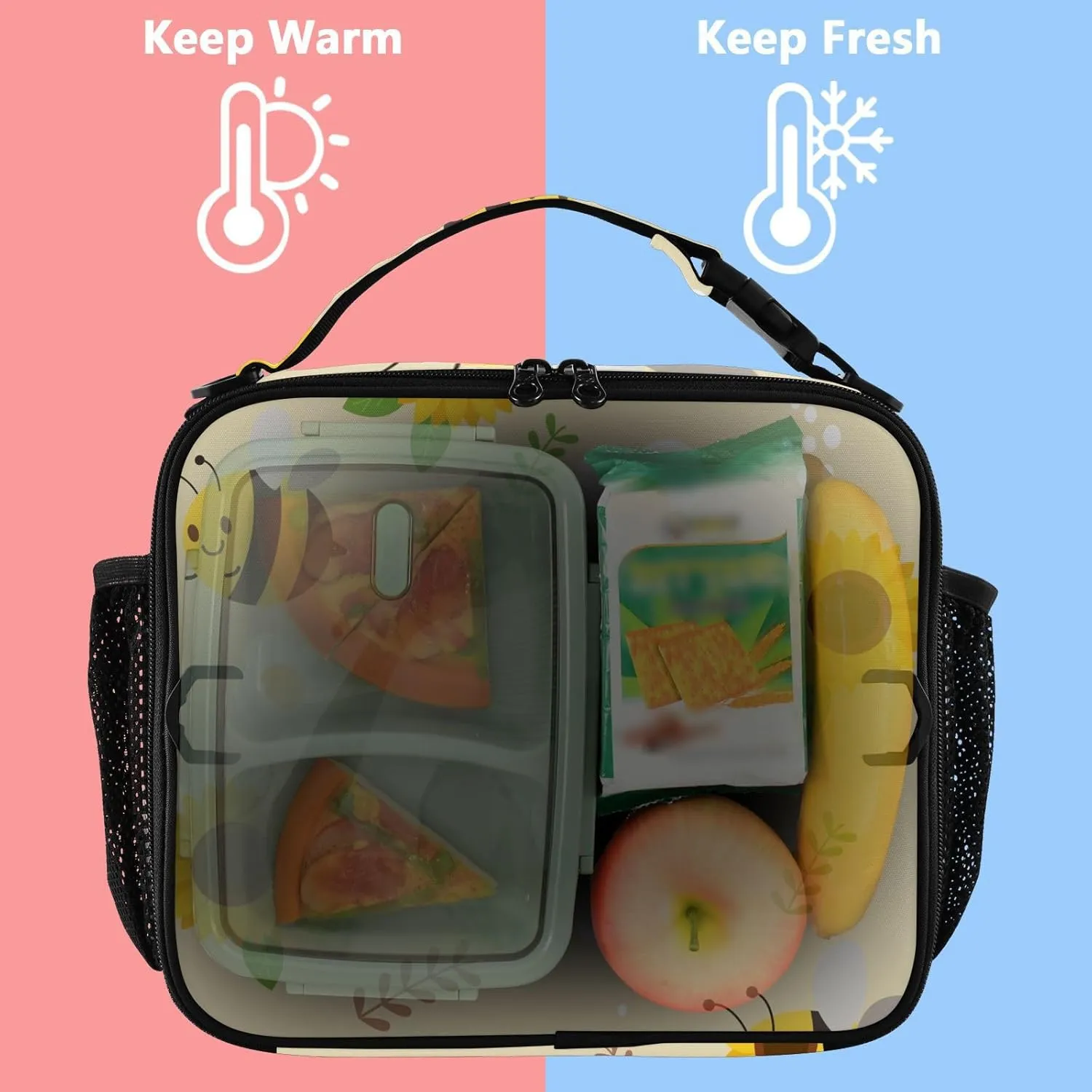Lunch Bag Lunch Box for Women Men Insulated Cooler Bag Reusable Lunch Box Tote Bag with Strap for Work Picnic Bee Flower Yellow