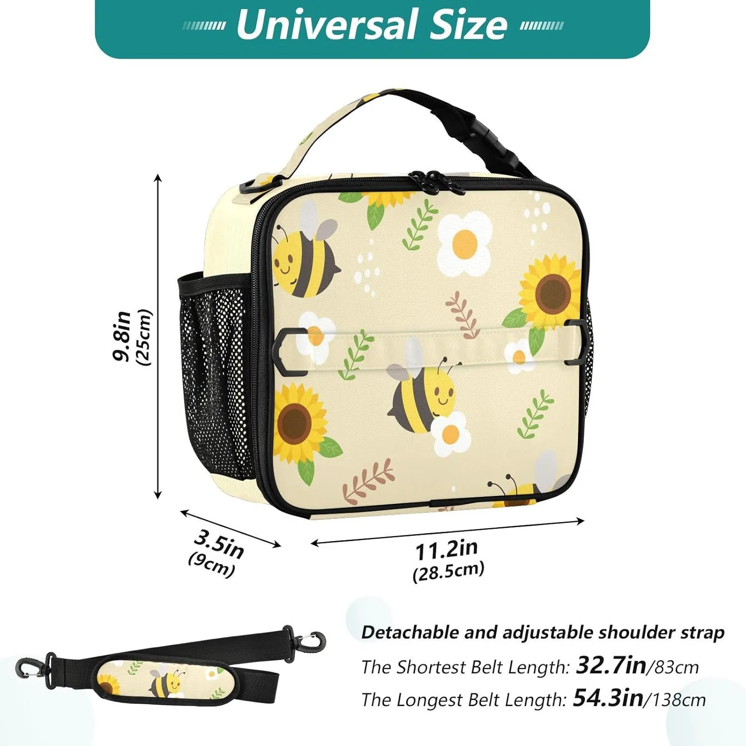 Lunch Bag Lunch Box for Women Men Insulated Cooler Bag Reusable Lunch Box Tote Bag with Strap for Work Picnic Bee Flower Yellow