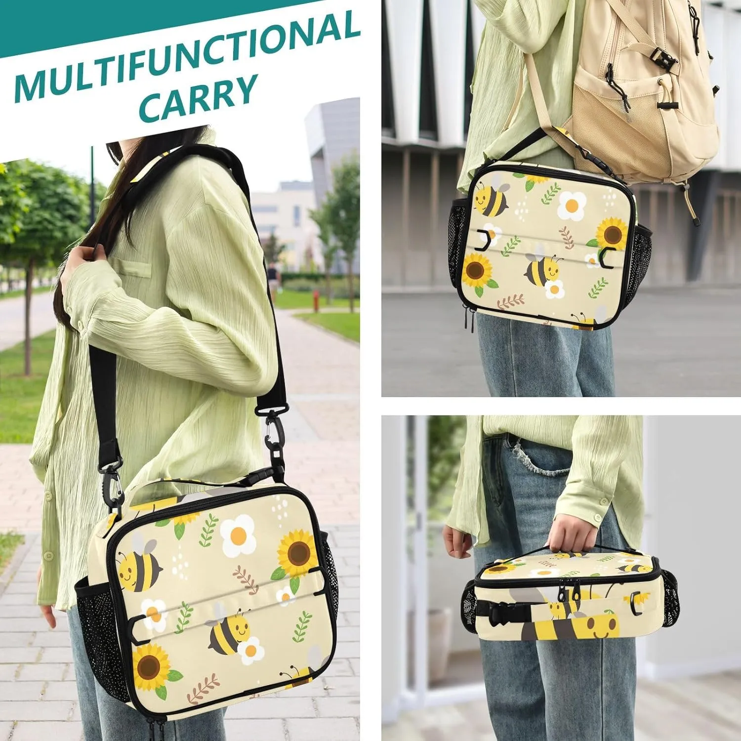 Lunch Bag Lunch Box for Women Men Insulated Cooler Bag Reusable Lunch Box Tote Bag with Strap for Work Picnic Bee Flower Yellow