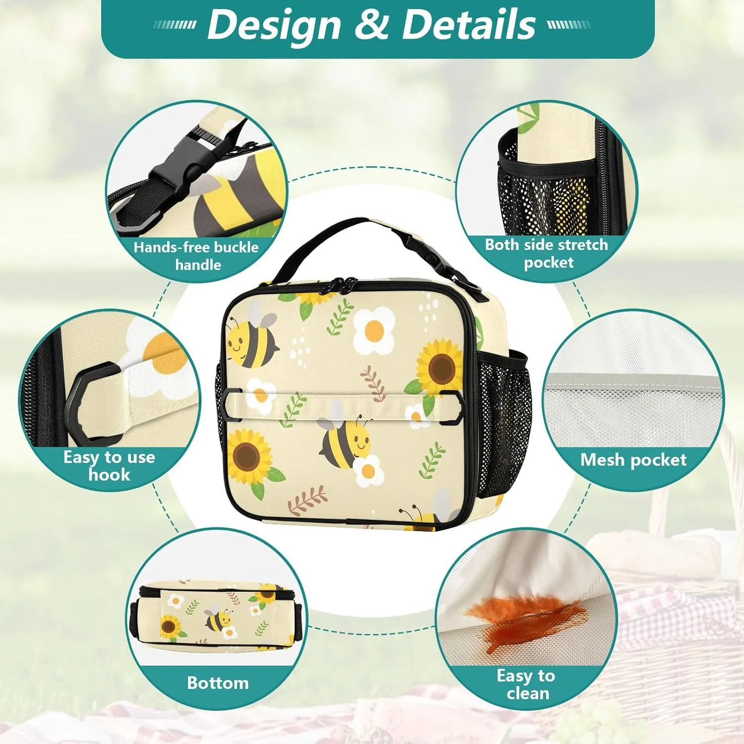 Lunch Bag Lunch Box for Women Men Insulated Cooler Bag Reusable Lunch Box Tote Bag with Strap for Work Picnic Bee Flower Yellow