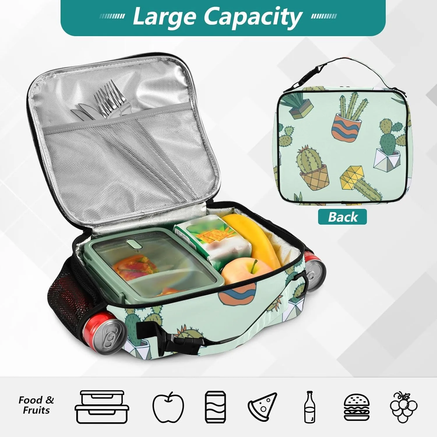 Lunch Bag Lunch Box for Women Men Insulated Cooler Bag Reusable Lunch Box Tote Bag with Strap for Work Picnic Cactus Green 01