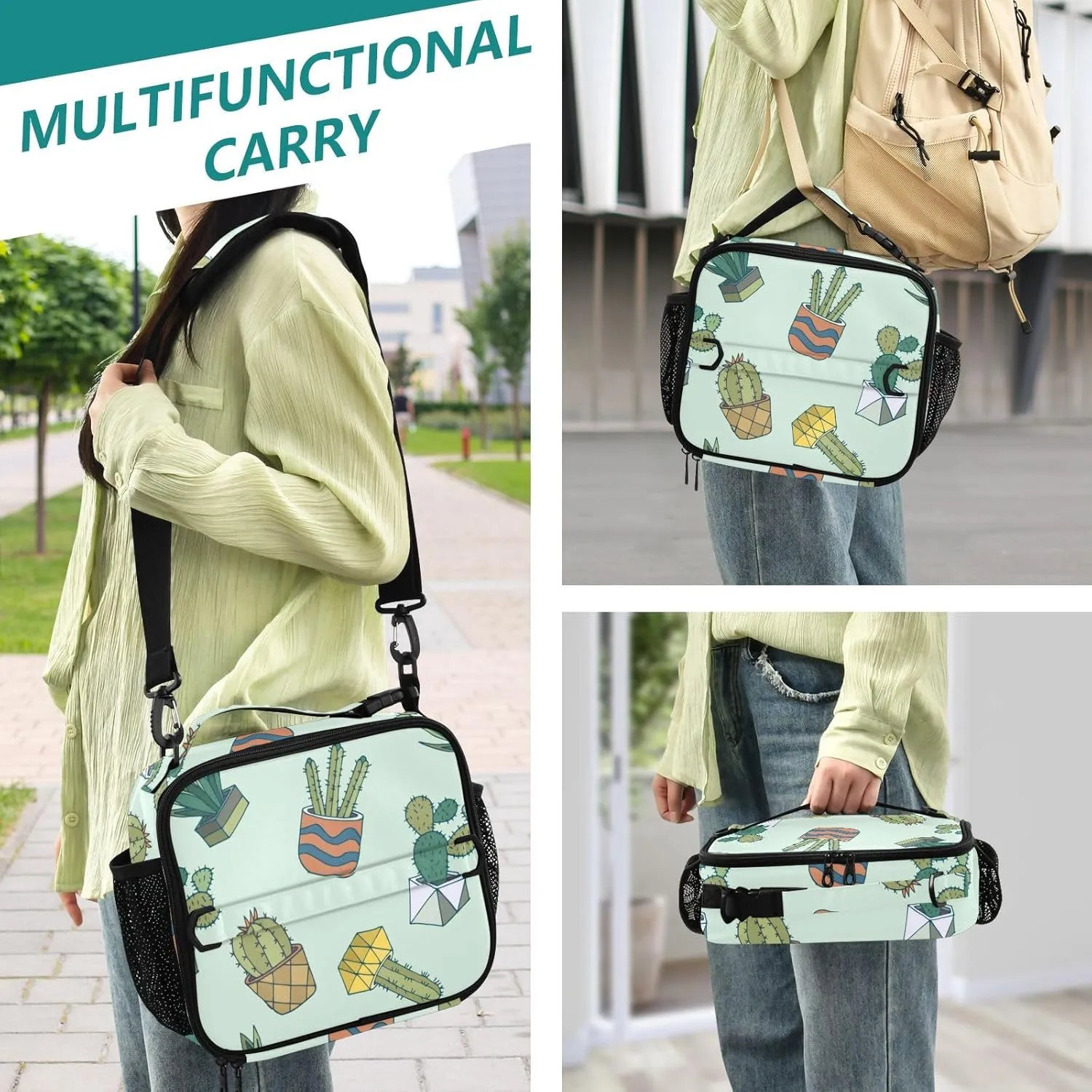 Lunch Bag Lunch Box for Women Men Insulated Cooler Bag Reusable Lunch Box Tote Bag with Strap for Work Picnic Cactus Green 01