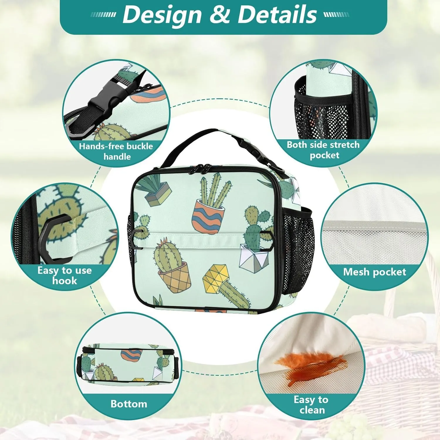 Lunch Bag Lunch Box for Women Men Insulated Cooler Bag Reusable Lunch Box Tote Bag with Strap for Work Picnic Cactus Green 01