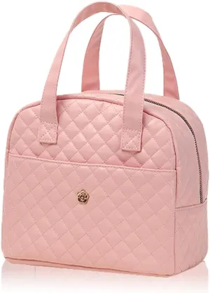 Lunch Bag, Small Lunch Tote Bag for Women, Water-repellent Pu Leather Lunch Box, Quilted Lunch Bag (Pink)