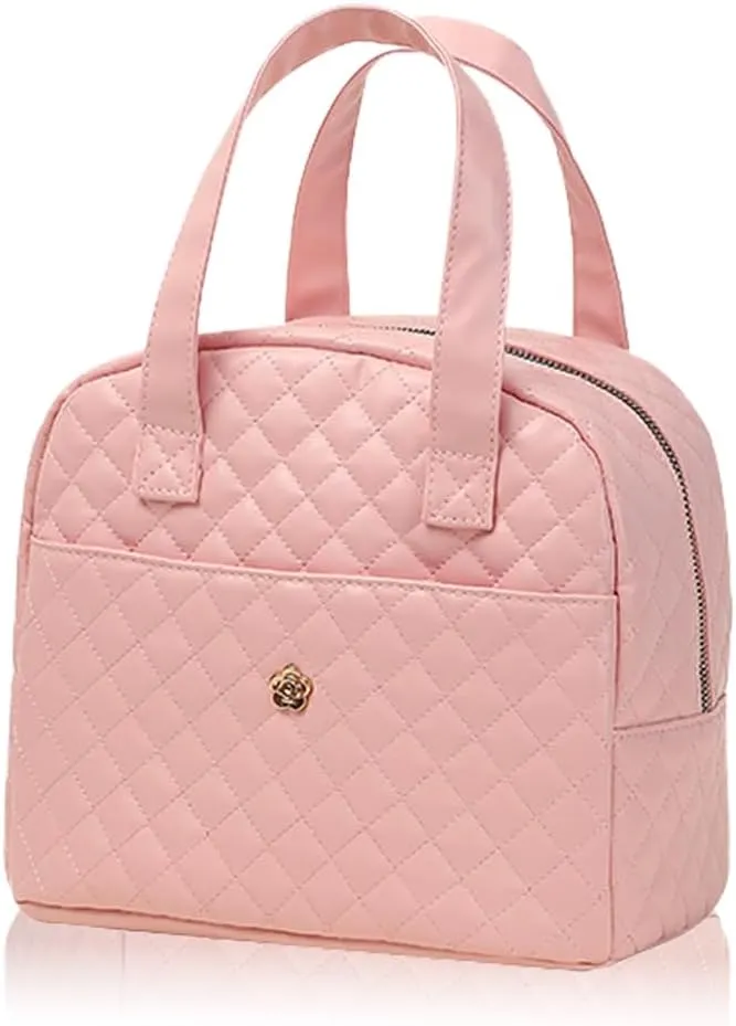 Lunch Bag, Small Lunch Tote Bag for Women, Water-repellent Pu Leather Lunch Box, Quilted Lunch Bag (Pink)