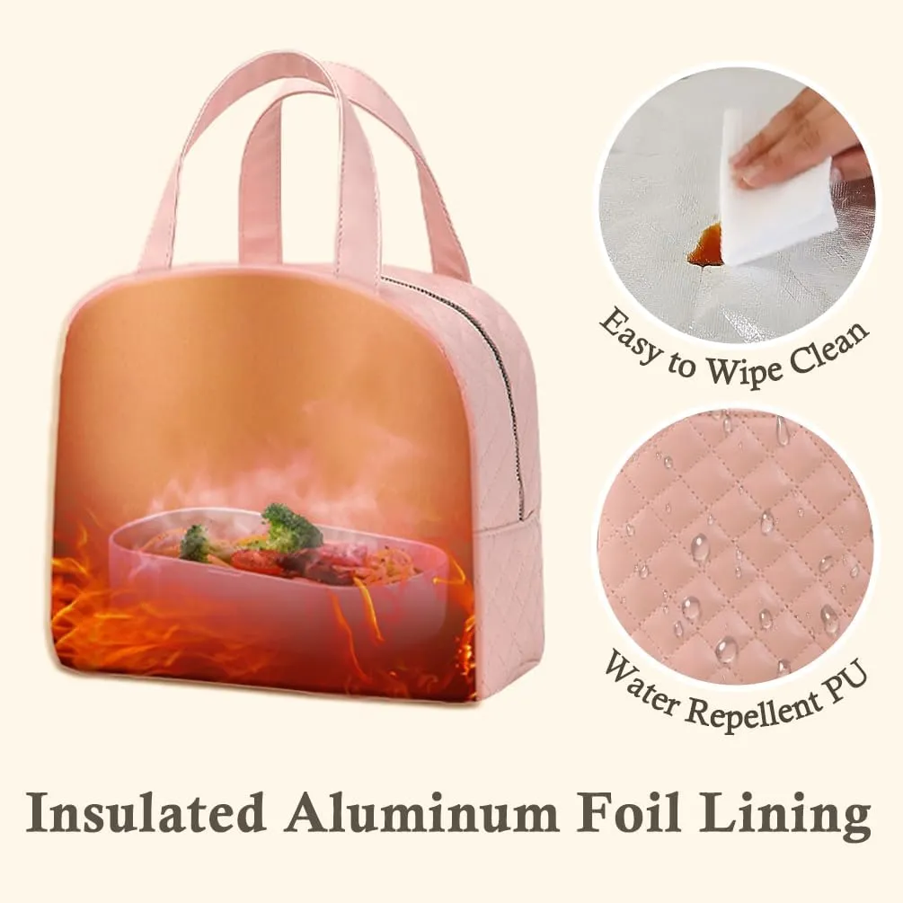 Lunch Bag, Small Lunch Tote Bag for Women, Water-repellent Pu Leather Lunch Box, Quilted Lunch Bag (Pink)