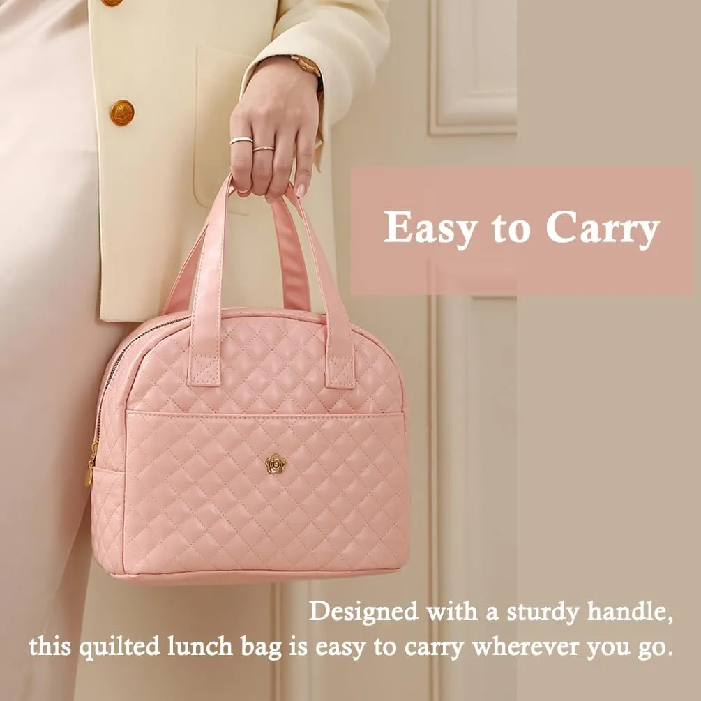 Lunch Bag, Small Lunch Tote Bag for Women, Water-repellent Pu Leather Lunch Box, Quilted Lunch Bag (Pink)