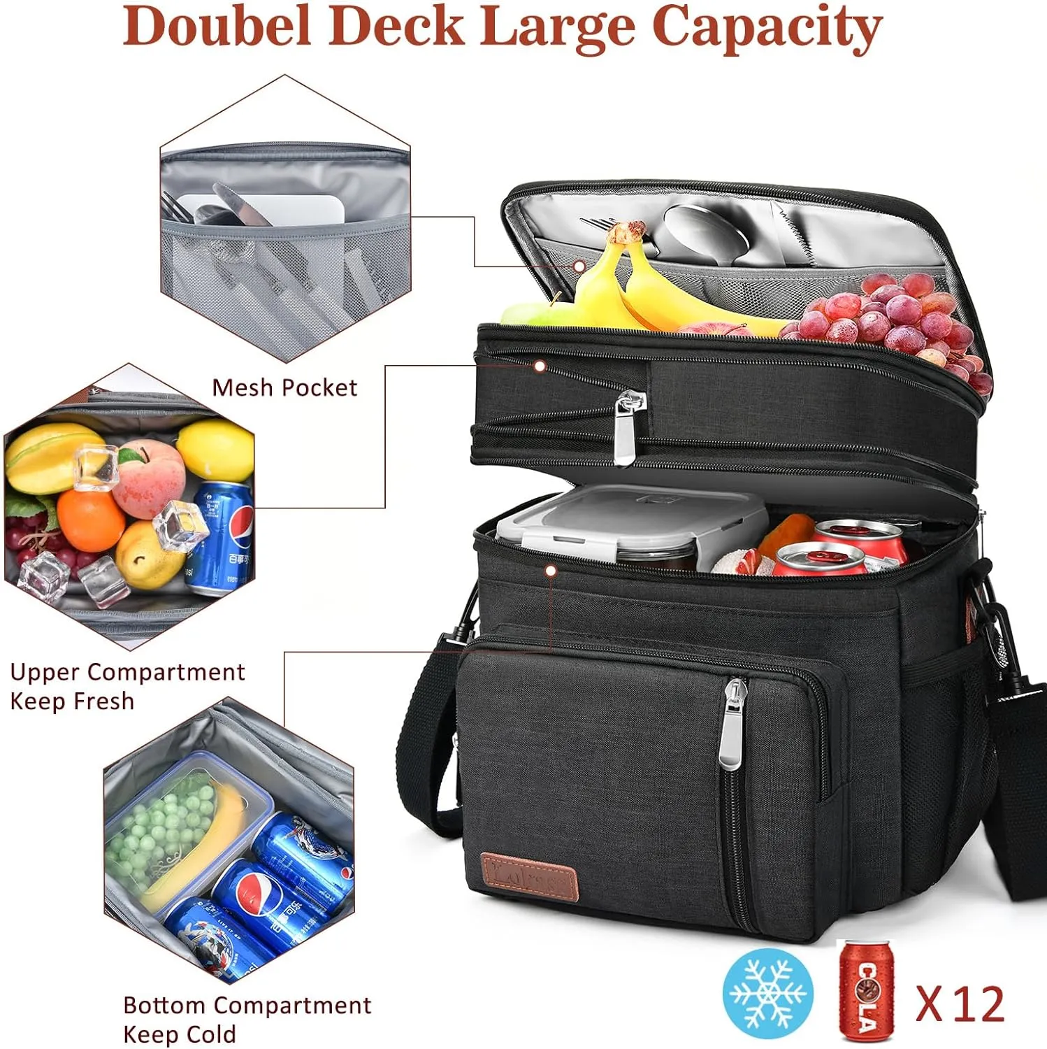 Lunch Box & Lunch Bag for Men Women, Large Insulated Adult Lunch Box Leakproof Lunchbox Cooler Bag for Work Picnic Beach,16L, Black