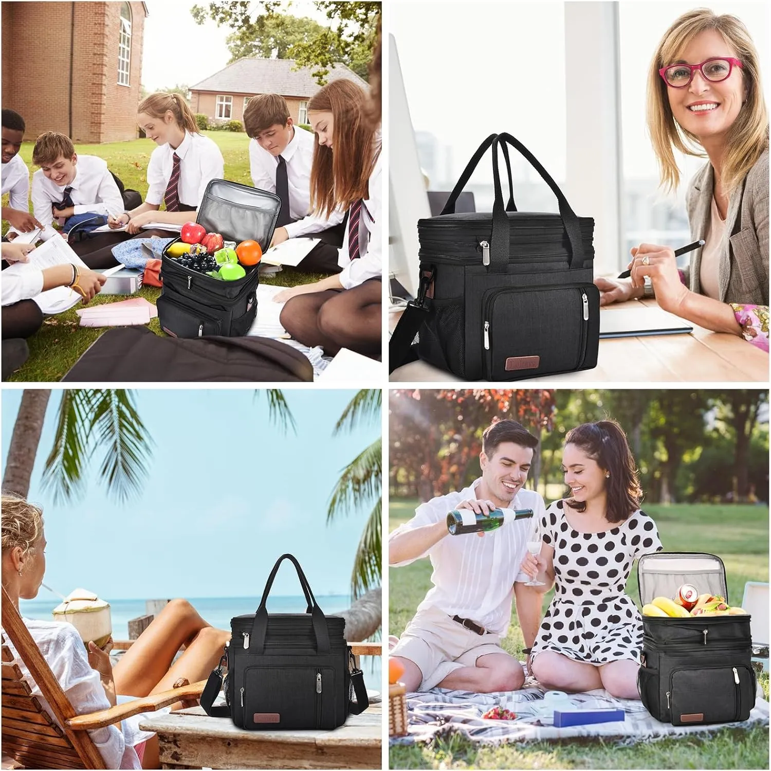 Lunch Box & Lunch Bag for Men Women, Large Insulated Adult Lunch Box Leakproof Lunchbox Cooler Bag for Work Picnic Beach,16L, Black