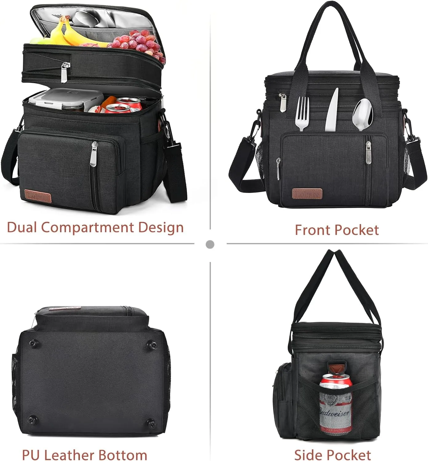 Lunch Box & Lunch Bag for Men Women, Large Insulated Adult Lunch Box Leakproof Lunchbox Cooler Bag for Work Picnic Beach,16L, Black