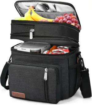 Lunch Box & Lunch Bag for Men Women, Large Insulated Adult Lunch Box Leakproof Lunchbox Cooler Bag for Work Picnic Beach,16L, Black
