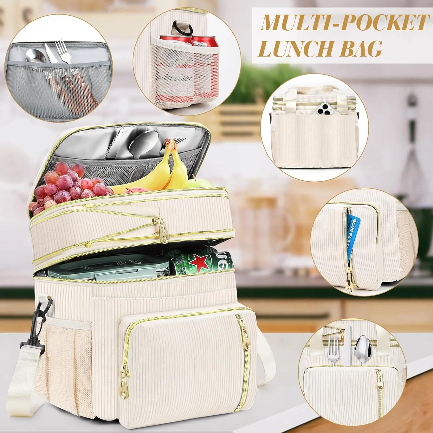 Lunch Box & Lunch Bag for Women, Large Insulated Adult Lunch Box Leakproof Lunchbox Cooler Bag for Work Picnic Beach,16L, Cream