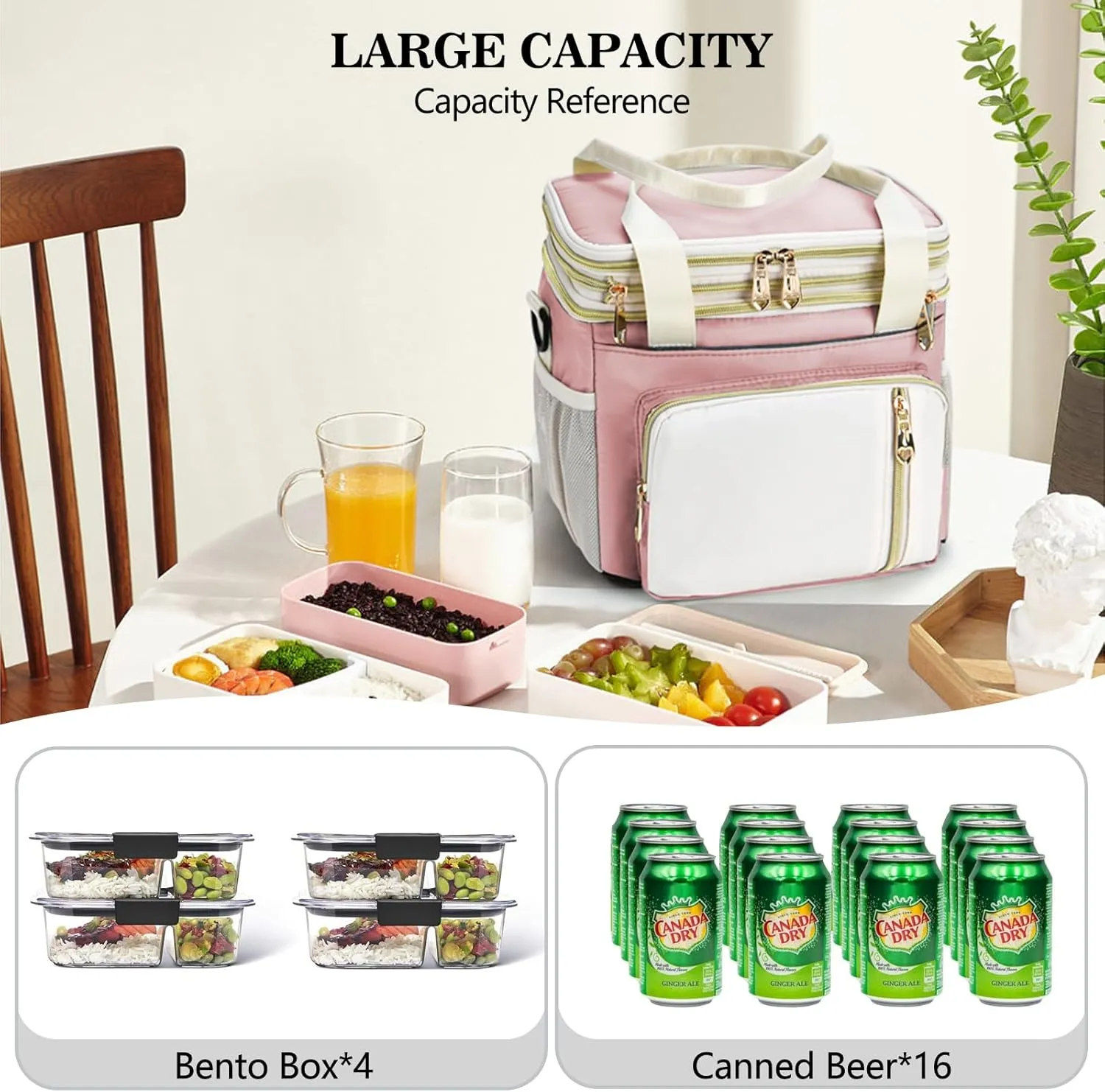 Lunch Box & Lunch Bag for Women, Large Insulated Adult Lunch Box Leakproof Lunchbox Cooler Bag for Work Picnic Beach,16L, Light Pink & White