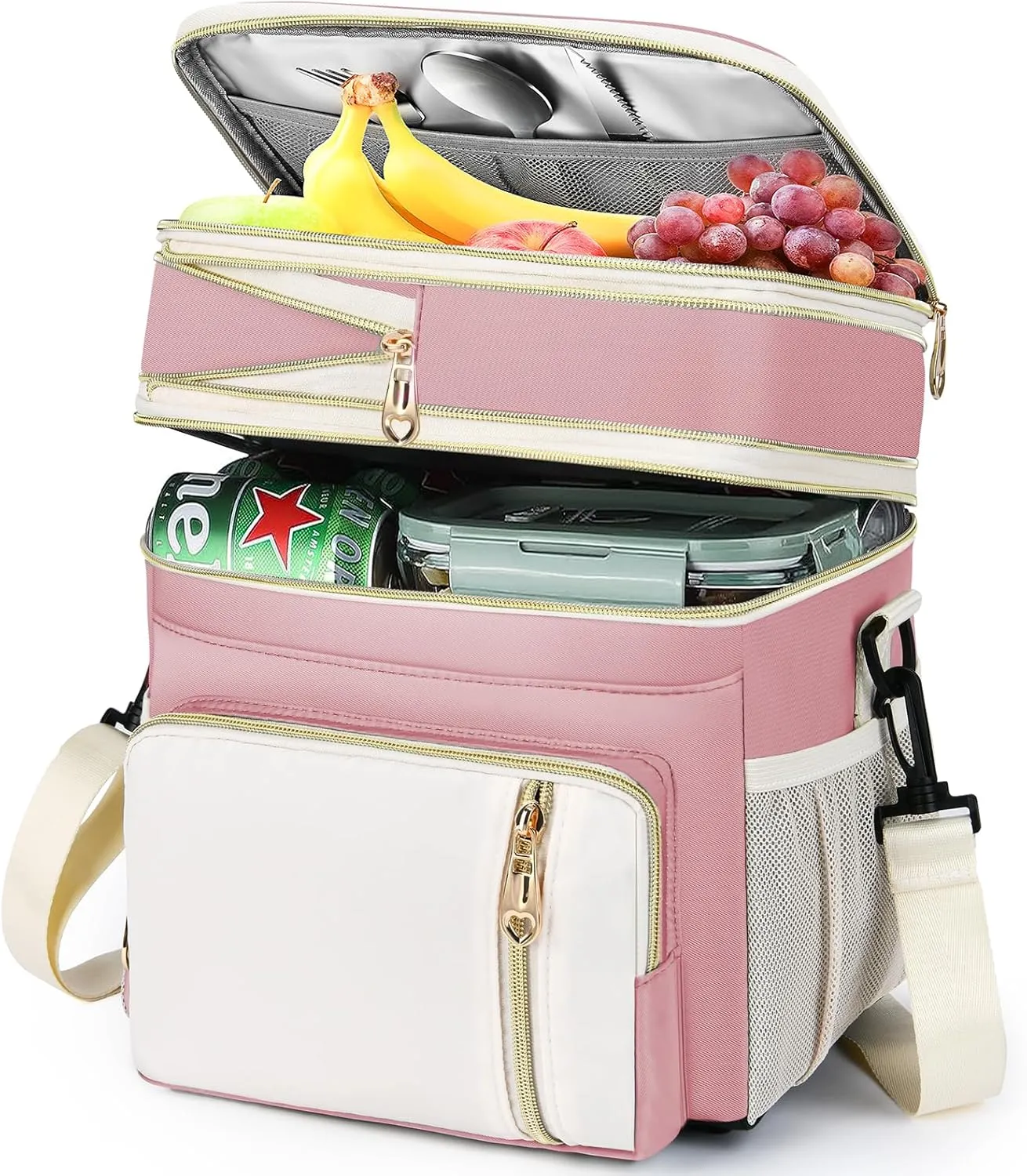 Lunch Box & Lunch Bag for Women, Large Insulated Adult Lunch Box Leakproof Lunchbox Cooler Bag for Work Picnic Beach,16L, Light Pink & White