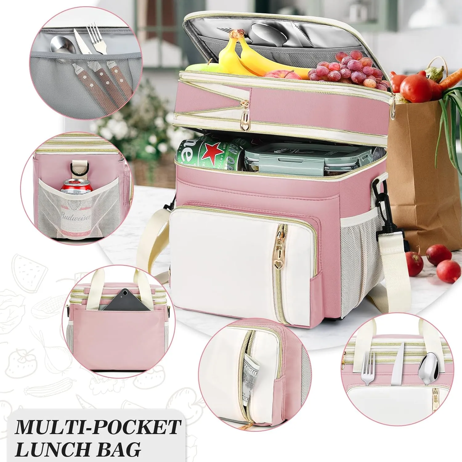 Lunch Box & Lunch Bag for Women, Large Insulated Adult Lunch Box Leakproof Lunchbox Cooler Bag for Work Picnic Beach,16L, Light Pink & White