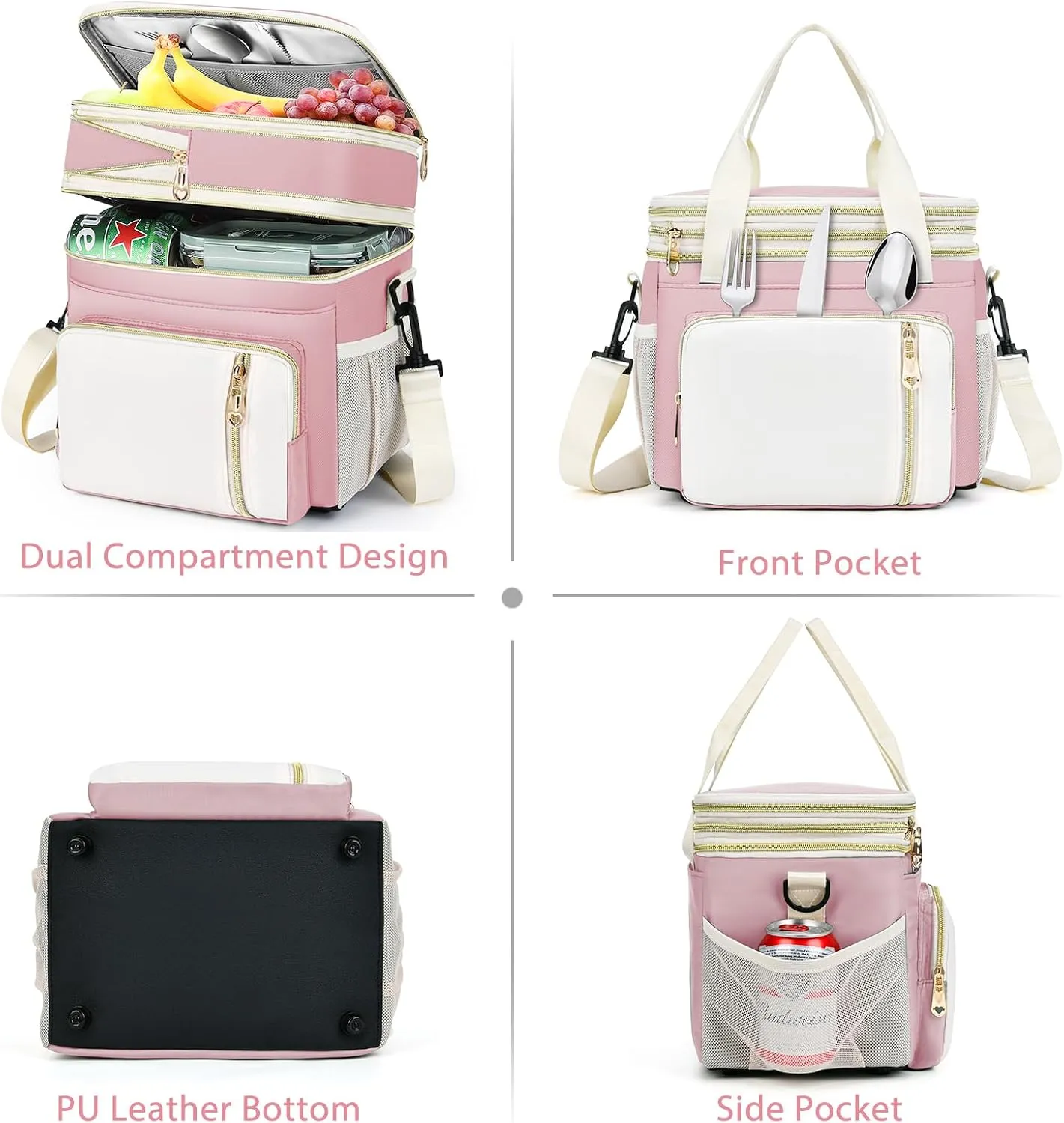 Lunch Box & Lunch Bag for Women, Large Insulated Adult Lunch Box Leakproof Lunchbox Cooler Bag for Work Picnic Beach,16L, Light Pink & White