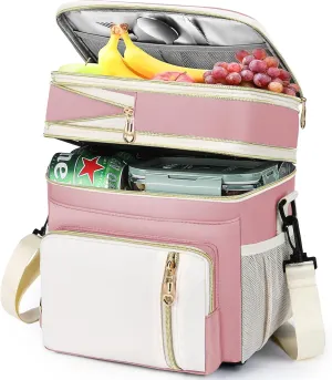 Lunch Box & Lunch Bag for Women, Large Insulated Adult Lunch Box Leakproof Lunchbox Cooler Bag for Work Picnic Beach,16L, Light Pink & White