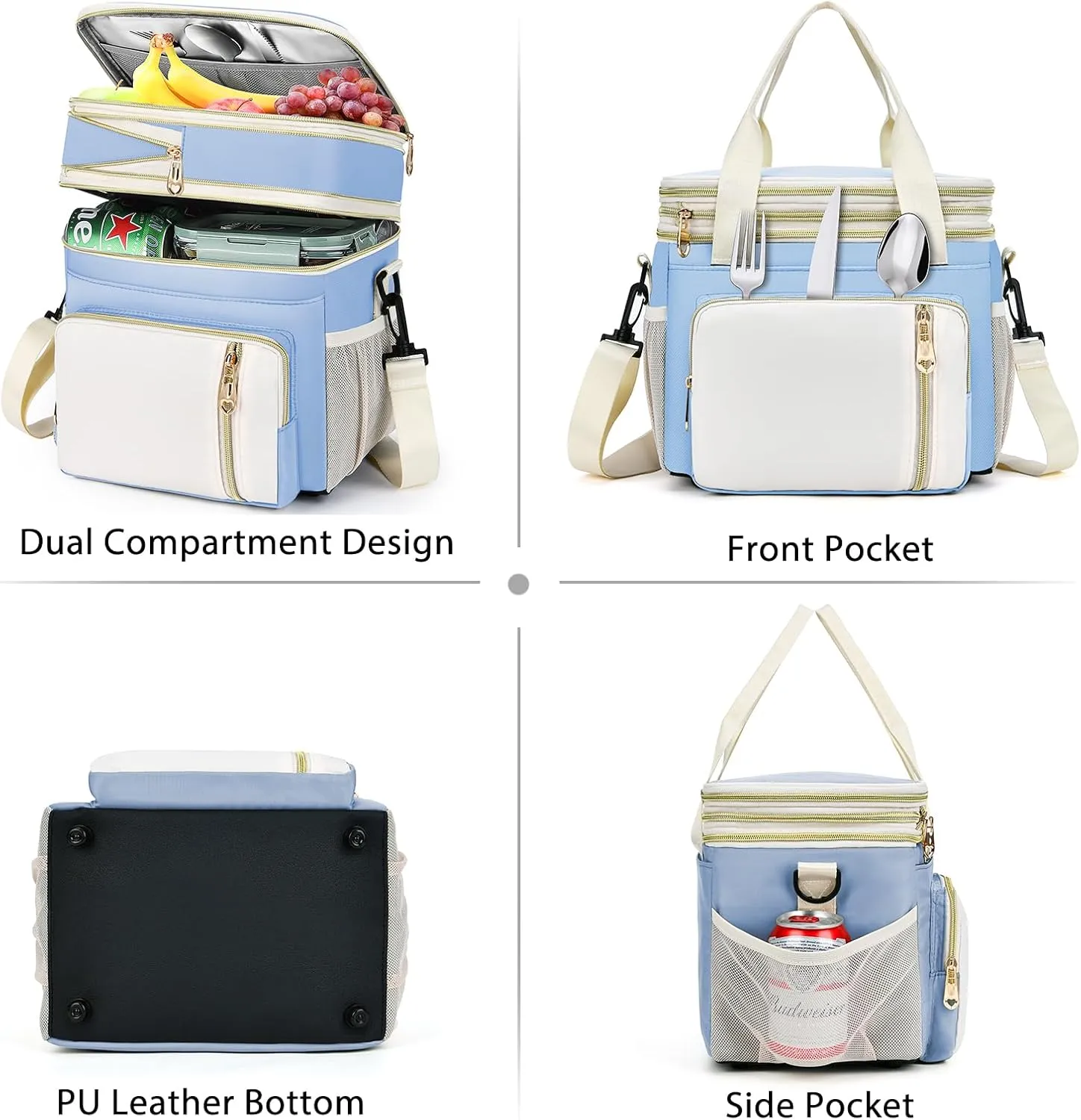 Lunch Box & Lunch Bag for Women, Large Insulated Adult Lunch Box Leakproof Lunchbox Cooler Bag for Work Picnic Beach,16L, Sky Blue & White