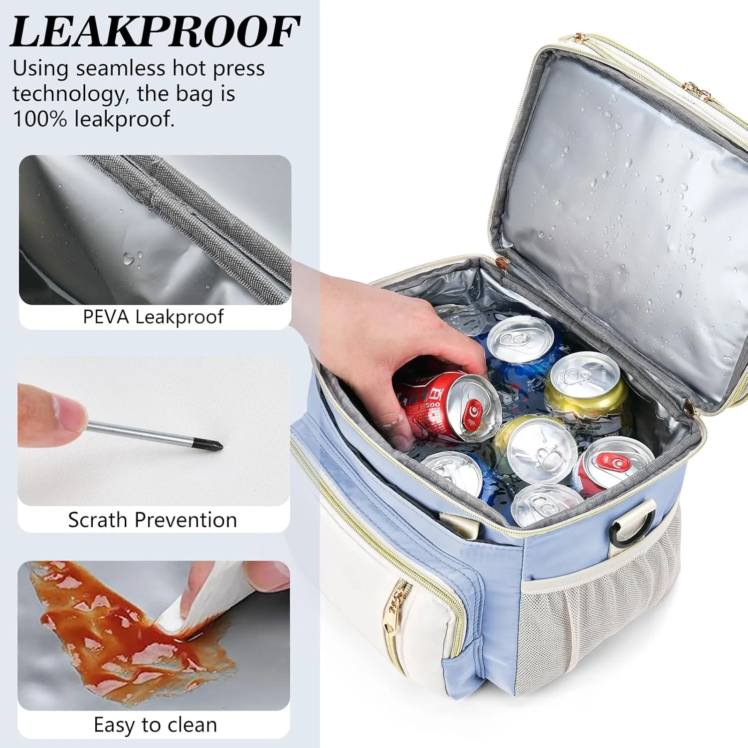 Lunch Box & Lunch Bag for Women, Large Insulated Adult Lunch Box Leakproof Lunchbox Cooler Bag for Work Picnic Beach,16L, Sky Blue & White