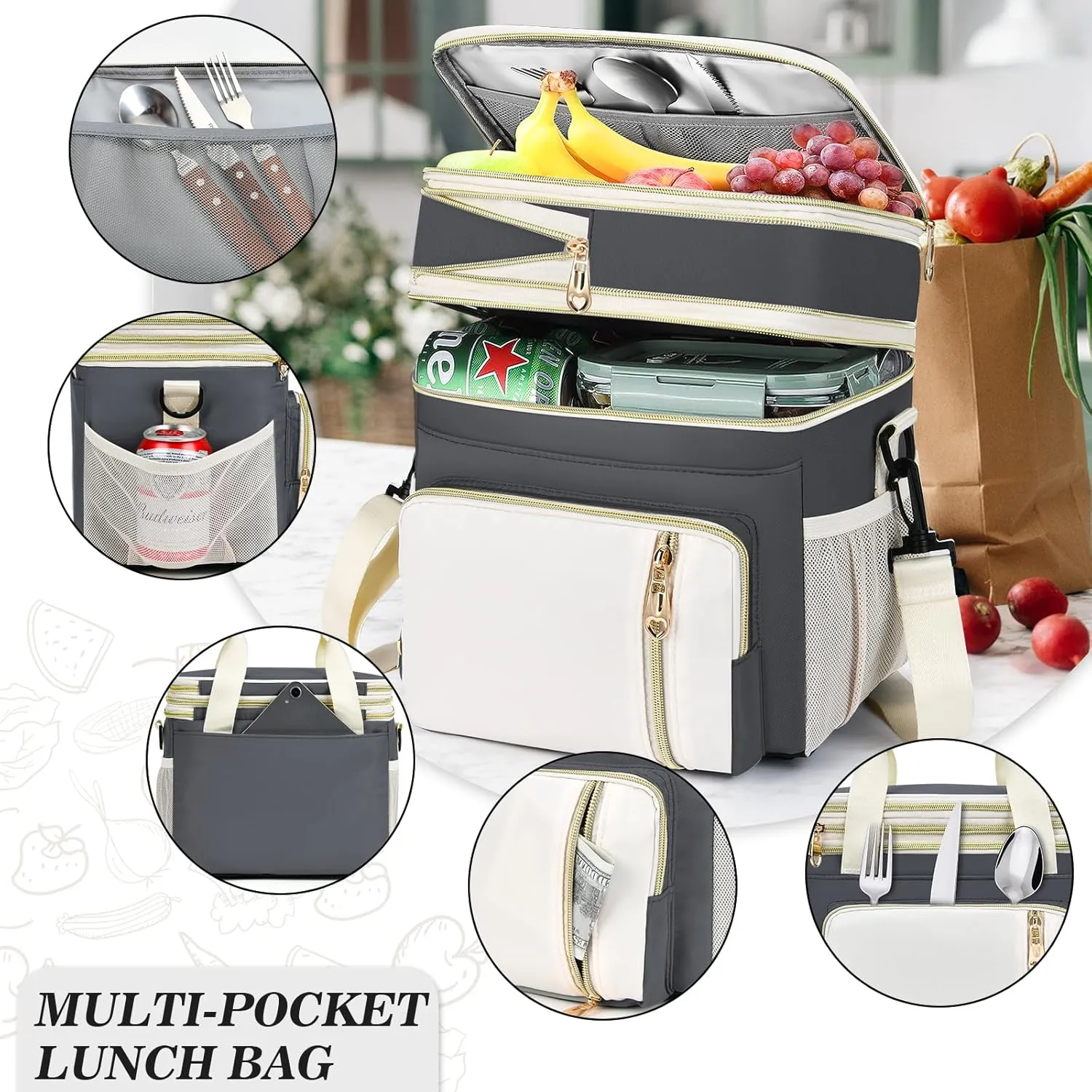 Lunch Box & Lunch Bag for Women Men, Large Insulated Adult Lunch Box Leakproof Lunchbox Cooler Bag for Work Picnic Beach,16L, Grey & White