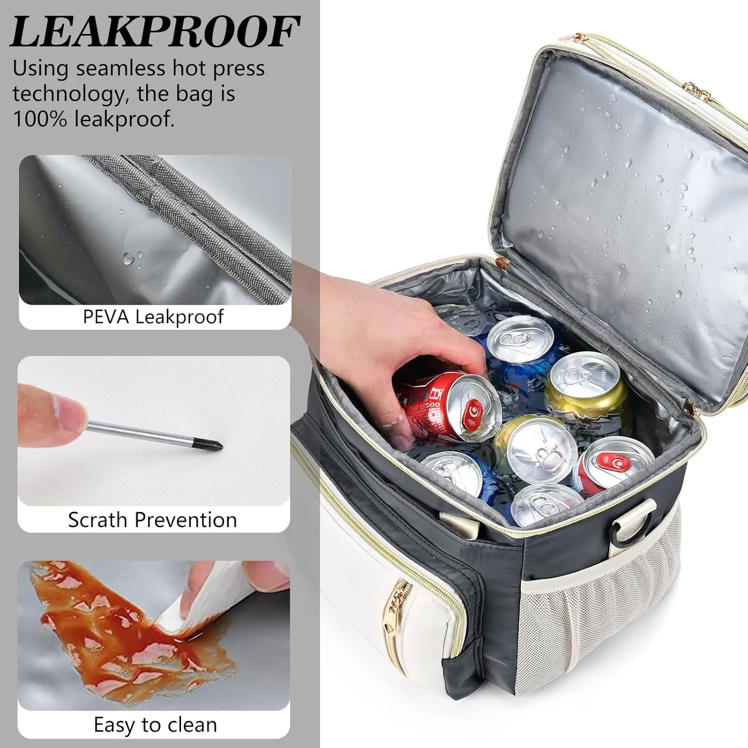 Lunch Box & Lunch Bag for Women Men, Large Insulated Adult Lunch Box Leakproof Lunchbox Cooler Bag for Work Picnic Beach,16L, Grey & White