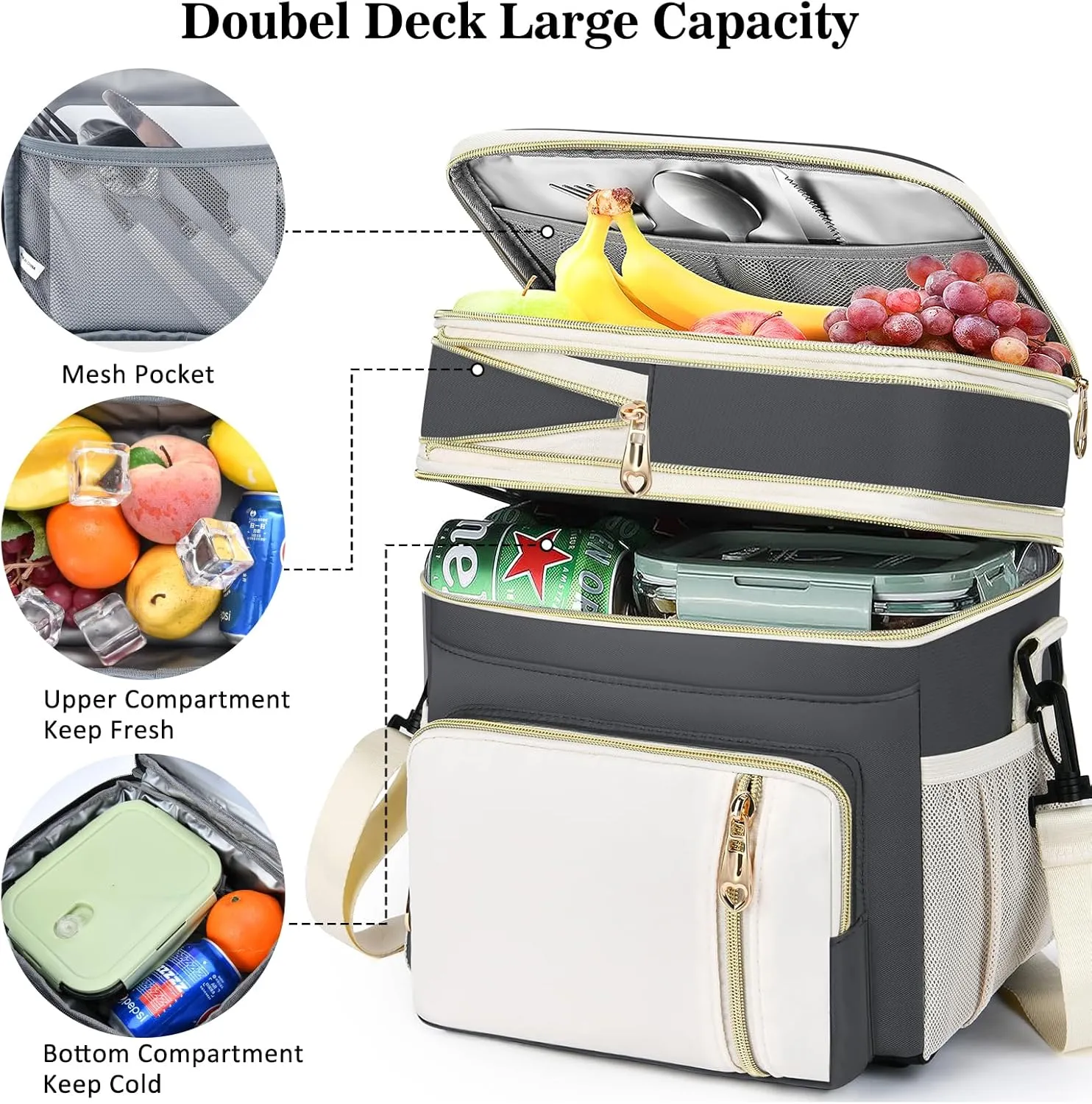 Lunch Box & Lunch Bag for Women Men, Large Insulated Adult Lunch Box Leakproof Lunchbox Cooler Bag for Work Picnic Beach,16L, Grey & White