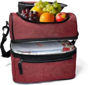 Lunch Box For Men & Women, Insulated Large Lunch Bag For Work, Double Decker Lunchbox.Leakproof Lunch Cooler, Adjustable Strap, Ideal for Work, Picnic, Travel（Red）